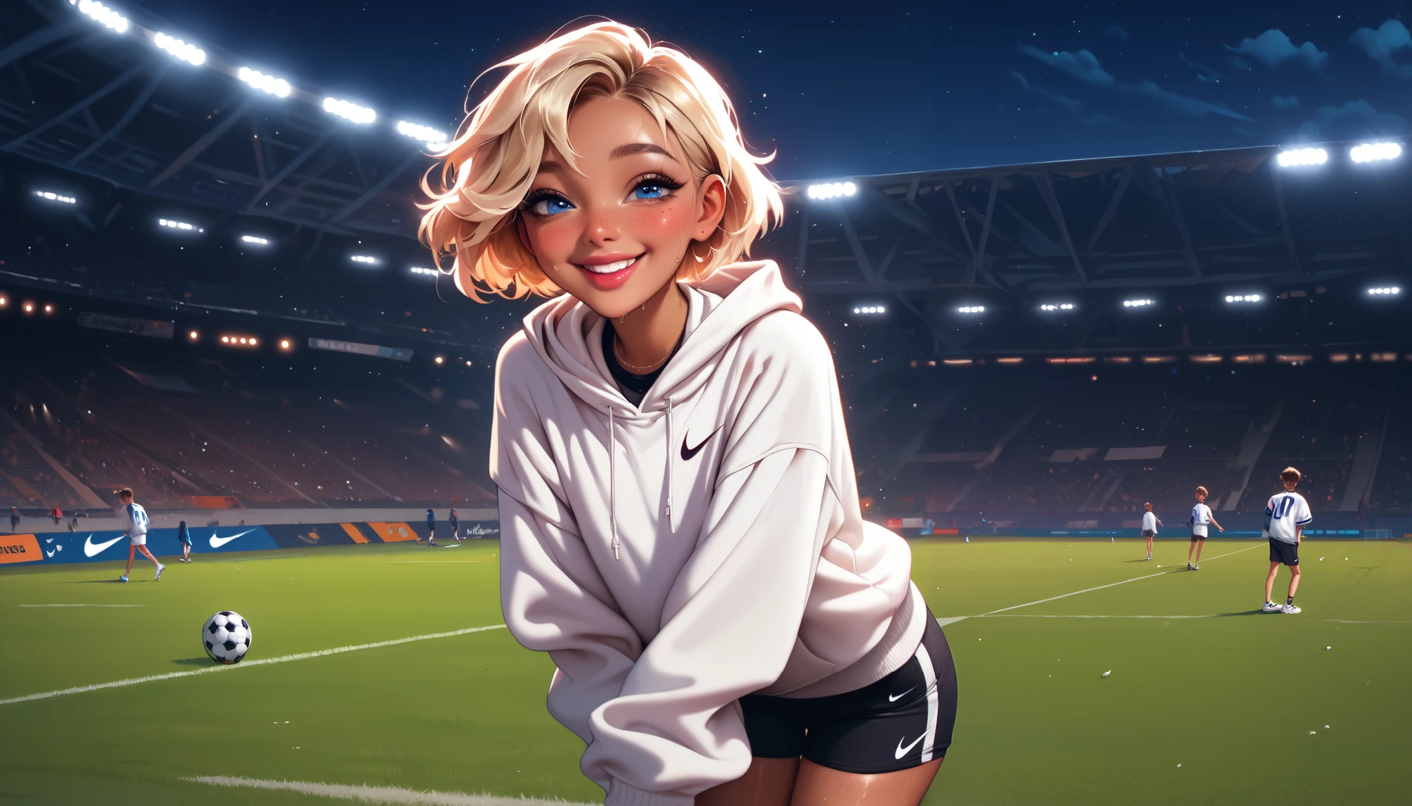 hyperrealistic, detailed face, toned blonde femboy, blue eyes, slim, male, feminine touch, blond open short hair, tanned, slight tan lines, lipgloss, happy but exhausted, panting, sweaty, flat chest, seductively smiling at the viewer, oversized white hoodie, compression tights underneath shorts, white sneaker, nike, football turf, spotlights, at night, drinking from a protein shaker, standing upright