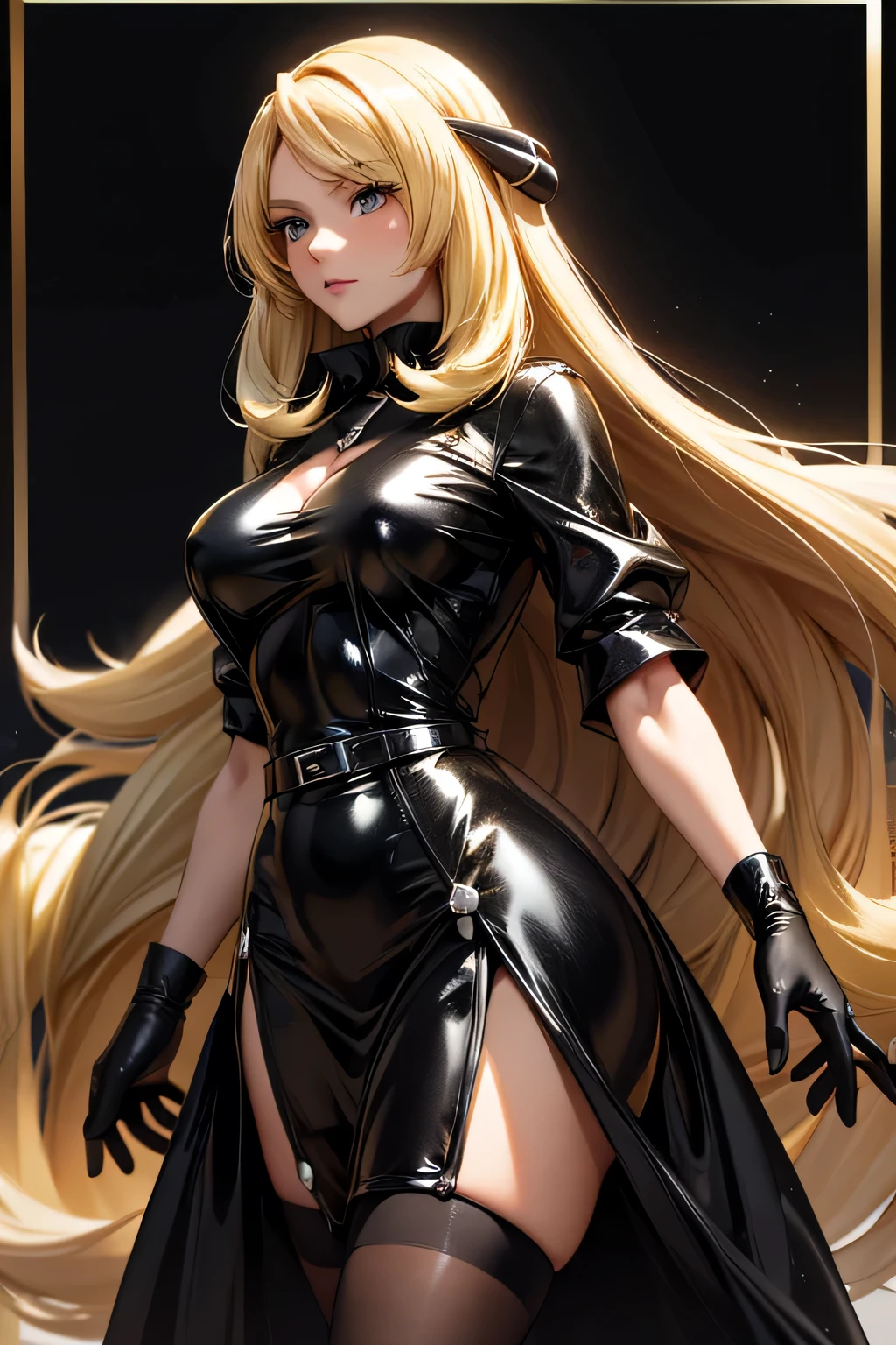 perfect anatomy best quality, highest resolution,(((Black shiny dress Blonde long hair))) Pokémon Cynthia woman Age 30 clarge breasts cool