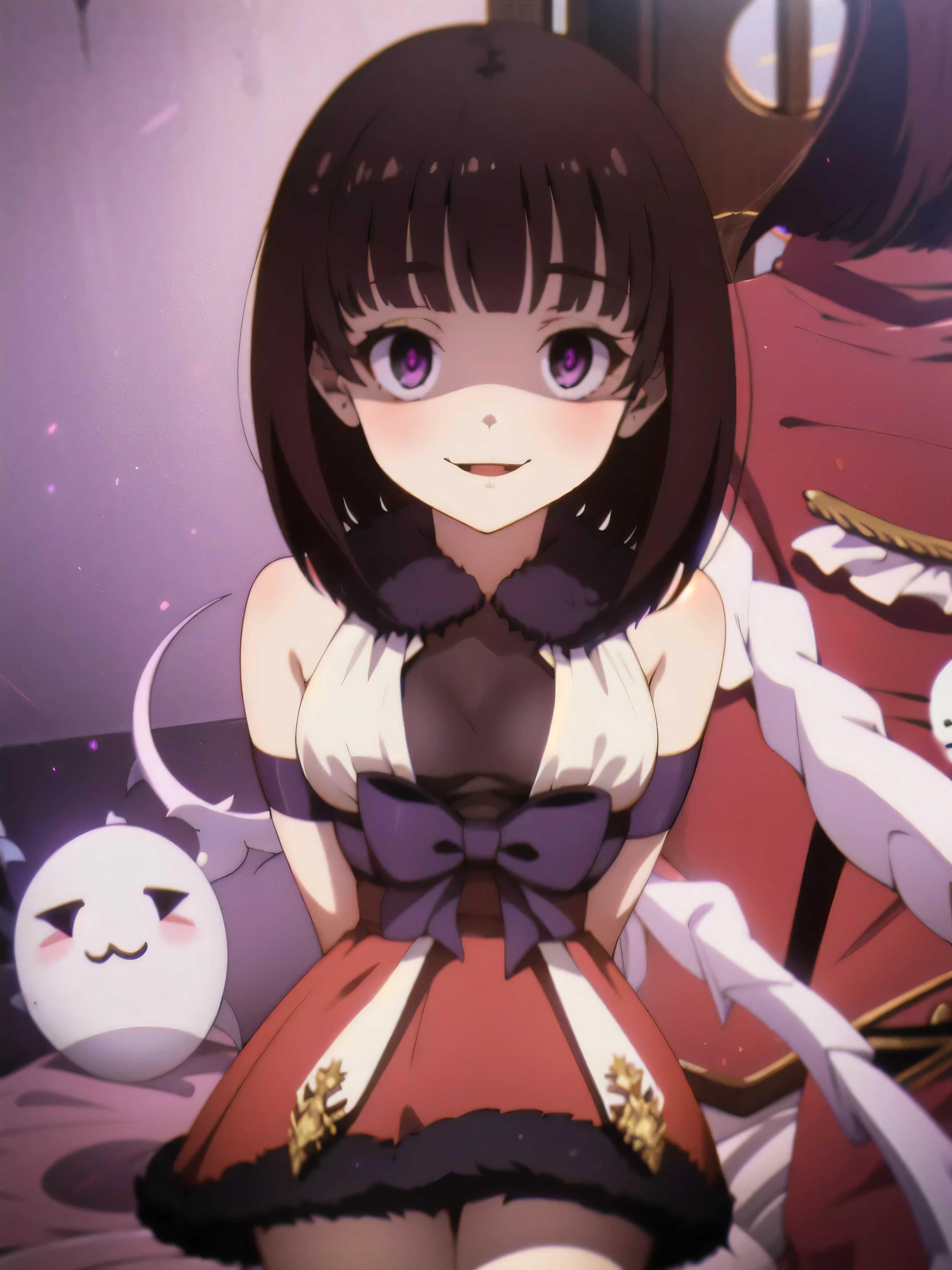 masterpiece, Highest quality, One girl, eric, Purple eyes, Brown Hair, Blunt bangs, Bobcut, Two honjiao, , bare shoulisers, Elbow hand pockets, Gauntlet, Reis Skirt, fur trim, View your viewers, :is, IncrsVGift Both, incoming gift, outisoors, evil smile,shaded  face(eyes in shadow),Nihonkaku。ghost