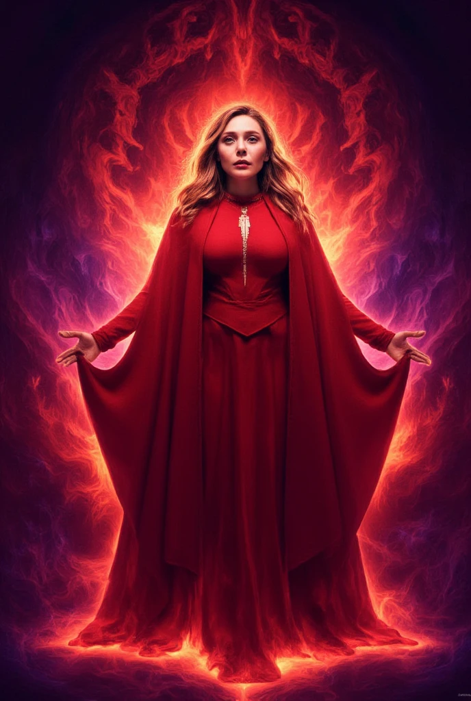 ((masterpiece)) ((photography)) ((Highest quality)) a stunning and dynamic illustration of the Scarlet Witch from Marvel, in her iconic red costume with a flowing cape. Her eyes glow with an intense energy, reflecting the power she wields. She stands confidently, her hands outstretched, manipulating reality around her with chaotic energy. The background features a mystical, dark atmosphere, swirling with crimson and violet hues, symbolizing the magic she commands. Her crown-like headdress adds to her regal yet mysterious aura. The scene captures the fierce strength, vulnerability, and unpredictable nature of the Scarlet Witch, with intricate details of light and shadow enhancing the magical intensity. 