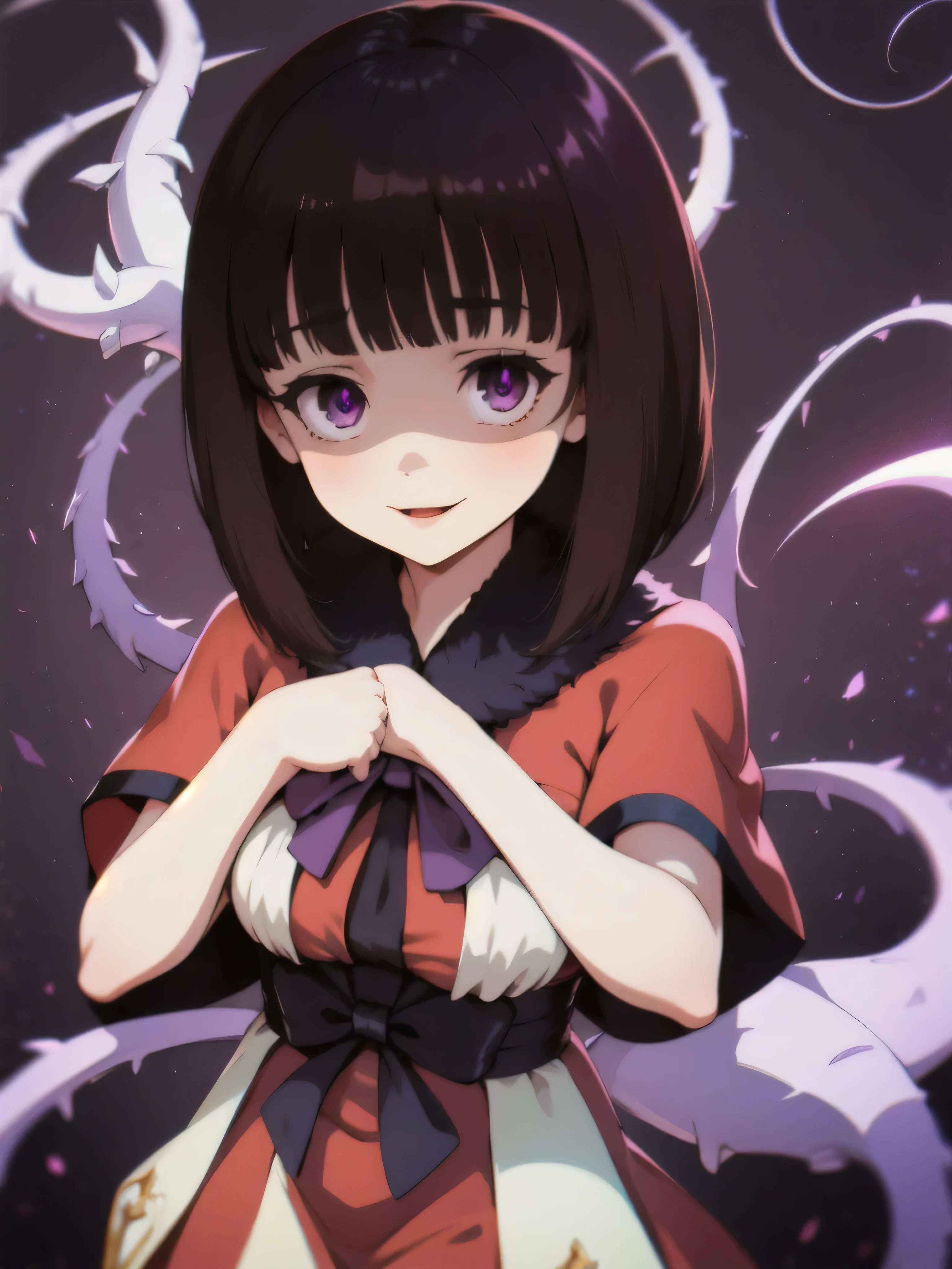 masterpiece, Highest quality, One girl, eric, Purple eyes, Brown Hair, Blunt bangs, Bobcut, Two honjiao, , bare shoulisers, Elbow hand pockets, Gauntlet, Reis Skirt, fur trim, View your viewers, :is, IncrsVGift Both, incoming gift, outisoors, evil smile,shaded  face(eyes in shadow),Nihonkaku。ghost