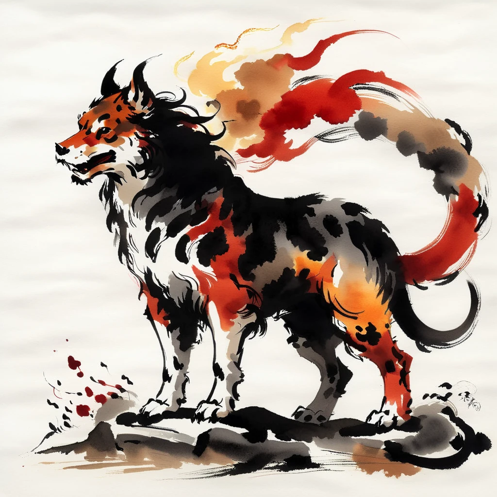 Sumi-e Cerberus with fire red and orange dark-gray tan-brown color palette