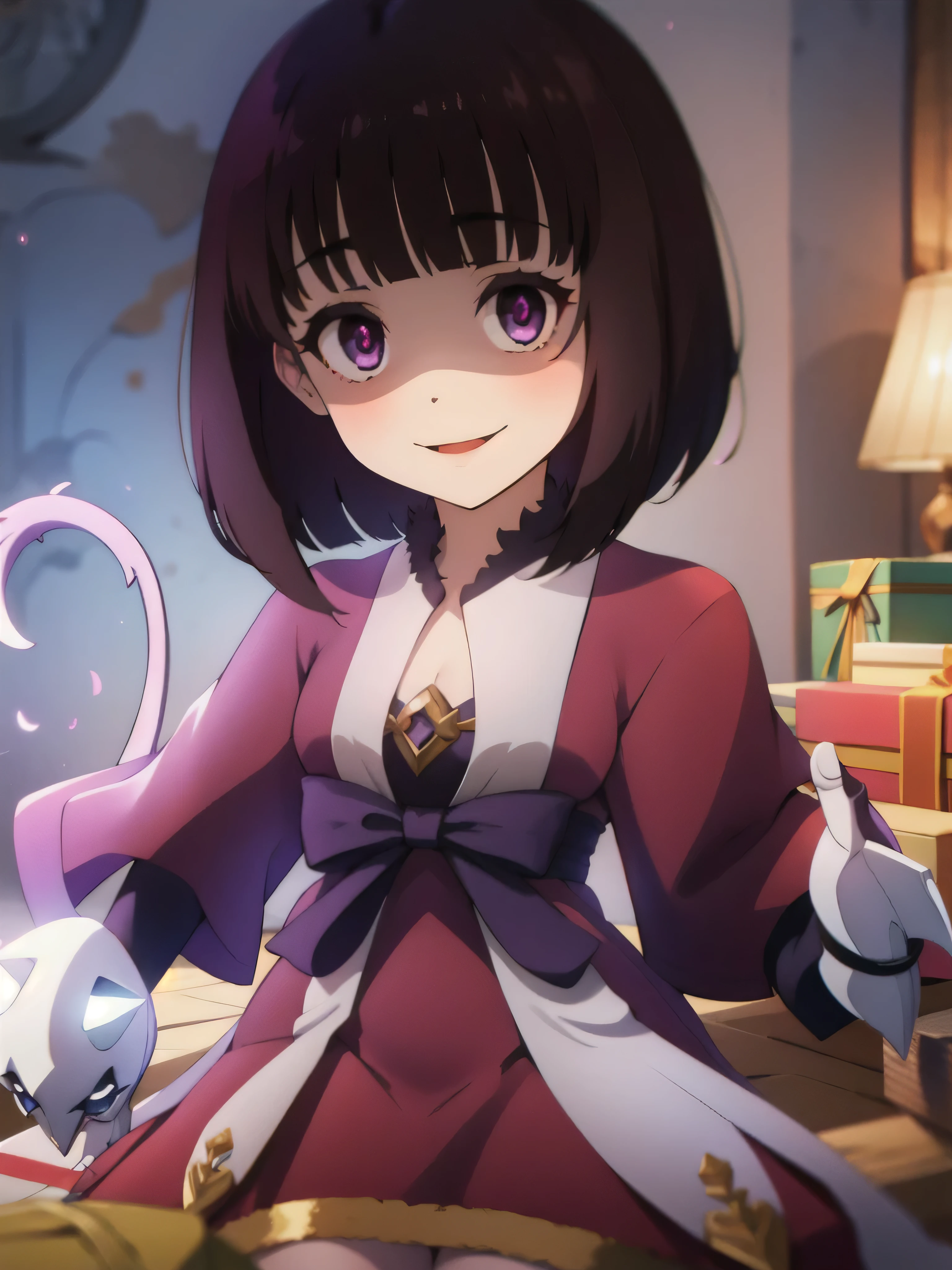 masterpiece, Highest quality, One girl, eric, Purple eyes, Brown Hair, Blunt bangs, Bobcut, Two honjiao, , bare shoulisers, Elbow hand pockets, Gauntlet, Reis Skirt, fur trim, View your viewers, :is, IncrsVGift Both, incoming gift, outisoors, evil smile,shaded  face(eyes in shadow),Nihonkaku。ghost