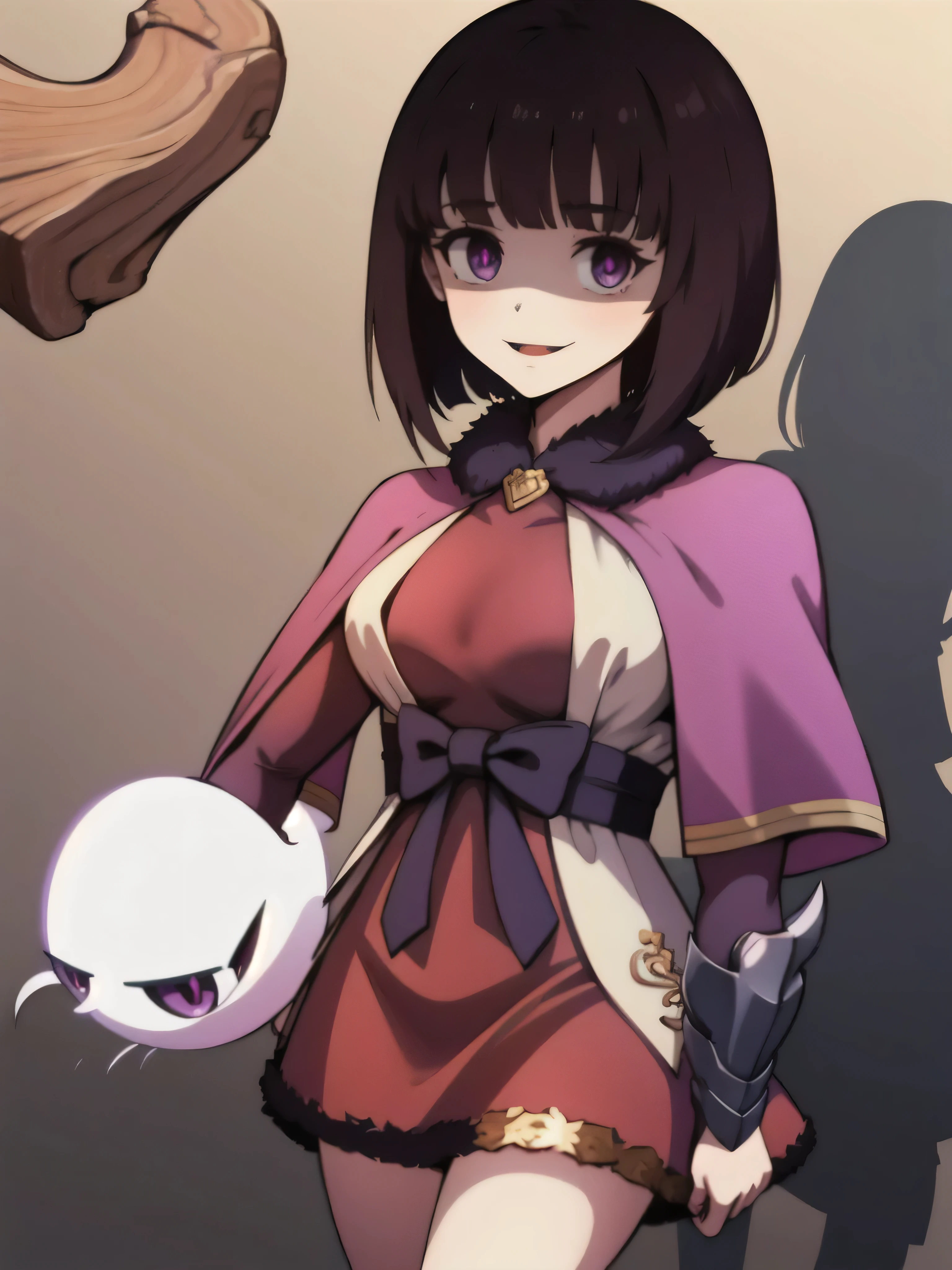 masterpiece, Highest quality, One girl, eric, Purple eyes, Brown Hair, Blunt bangs, Bobcut, Two honjiao, , bare shoulisers, Elbow hand pockets, Gauntlet, Reis Skirt, fur trim, View your viewers, :is, IncrsVGift Both, incoming gift, outisoors, evil smile,shaded  face(eyes in shadow),Nihonkaku。ghost