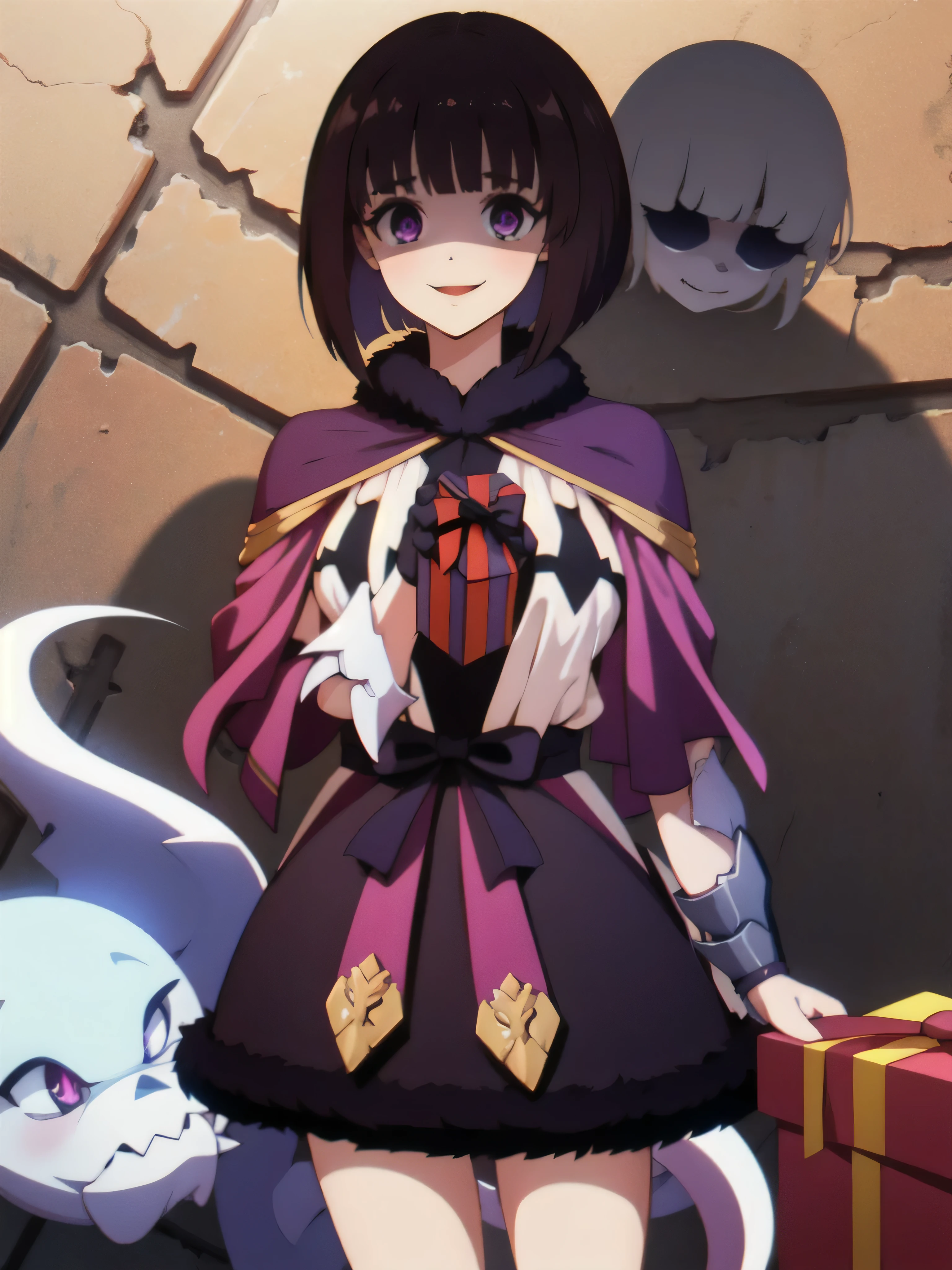 masterpiece, Highest quality, One girl, eric, Purple eyes, Brown Hair, Blunt bangs, Bobcut, Two honjiao, , bare shoulisers, Elbow hand pockets, Gauntlet, Reis Skirt, fur trim, View your viewers, :is, IncrsVGift Both, incoming gift, outisoors, evil smile,shaded  face(eyes in shadow),Nihonkaku。ghost