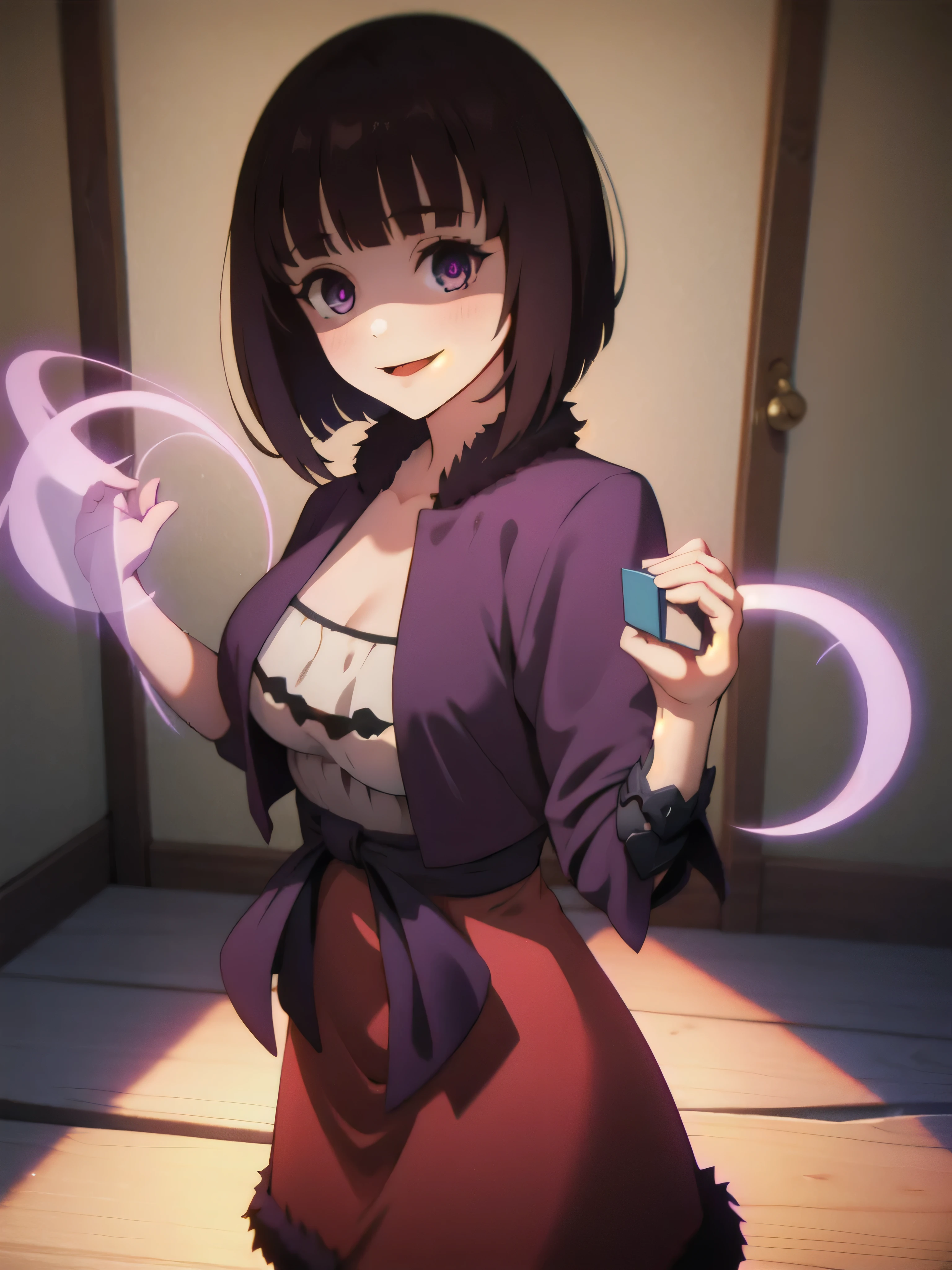 masterpiece, Highest quality, One girl, eric, Purple eyes, Brown Hair, Blunt bangs, Bobcut, Two honjiao, , bare shoulisers, Elbow hand pockets, Gauntlet, Reis Skirt, fur trim, View your viewers, :is, IncrsVGift Both, incoming gift, outisoors, evil smile,shaded  face(eyes in shadow),Nihonkaku。ghost