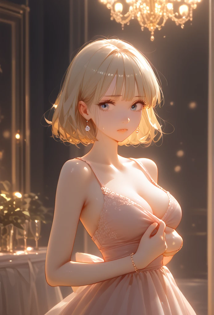 Masterpiece、最high quality、high quality、High definition、High resolution、High detail、Lens flare、Ray tracing method、high qualityの質感、high qualityの影、Beautiful details、Detailed and delicate、Detailed texture、Realistic facial expression、Realistic and colorful、Delicate、Cinematic Light、Side light、Sharp Focus、(1 woman:1.3)、(Intricate detailakeup、Pure Eros Face_v1:0.5)、(Details Beautiful delicate face、Detailed beautiful delicate eyes、Perfect Facial Proportions、Detailed skin、Charm)、fancy hairstyles、Beautiful bangs、(Two-tone gradient hair color）、slender、(Upturned beautiful breasts)、Raise your arm and make a peace sign、(Detailed crotch、Open crotch、Showing off your crotch)、Female juice、(Experiencing the best orgasm)、(Spread your knees and open your legs)、Light-colored mini bra、String Bra、Light-colored V-cut、Light-colored thong、Thigh mini skirt、Low-rise mini skirt、Front-button shirt、Crop top、Low-angle composition