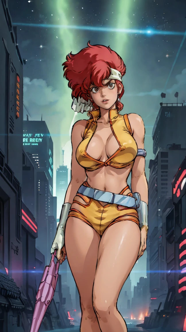 Kei from The Dirty Pair, , wearing a tight yellow outfit, frame, legs, medium breast, red hair beauty, cyberpunk city background, holding retro space-gun, headband, slim waist, slim thighs, thigh gap