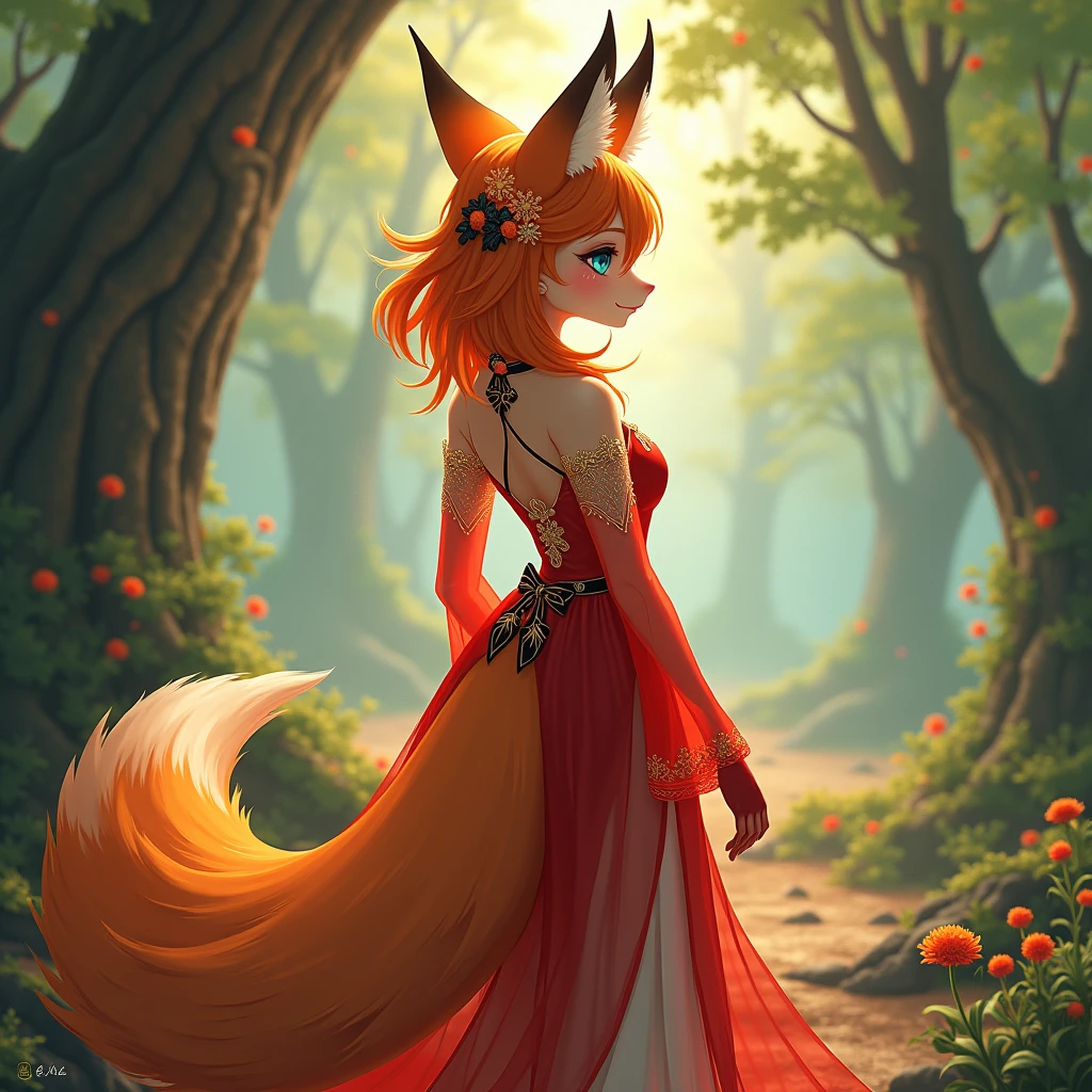 Anime woman with 3 tails and fox ears with red fur with purple eyes with red and orange dress with big tails and with cute face in a field of purple and red flowers with 1,50 meters and with other foxes around 