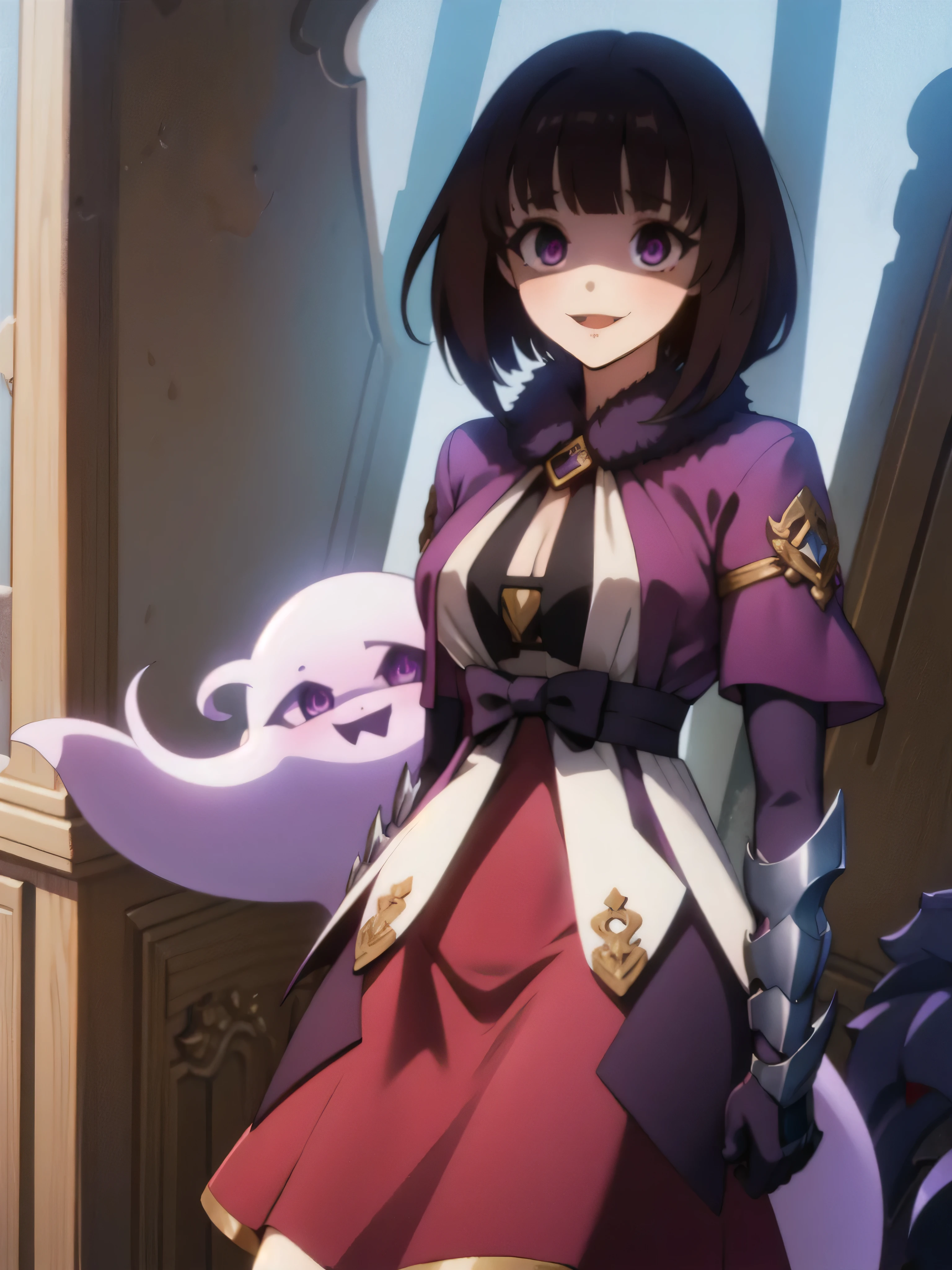 masterpiece, Highest quality, One girl, eric, Purple eyes, Brown Hair, Blunt bangs, Bobcut, Two honjiao, , bare shoulisers, Elbow hand pockets, Gauntlet, Reis Skirt, fur trim, View your viewers, :is, IncrsVGift Both, incoming gift, outisoors, evil smile,shaded  face(eyes in shadow),Nihonkaku。ghost