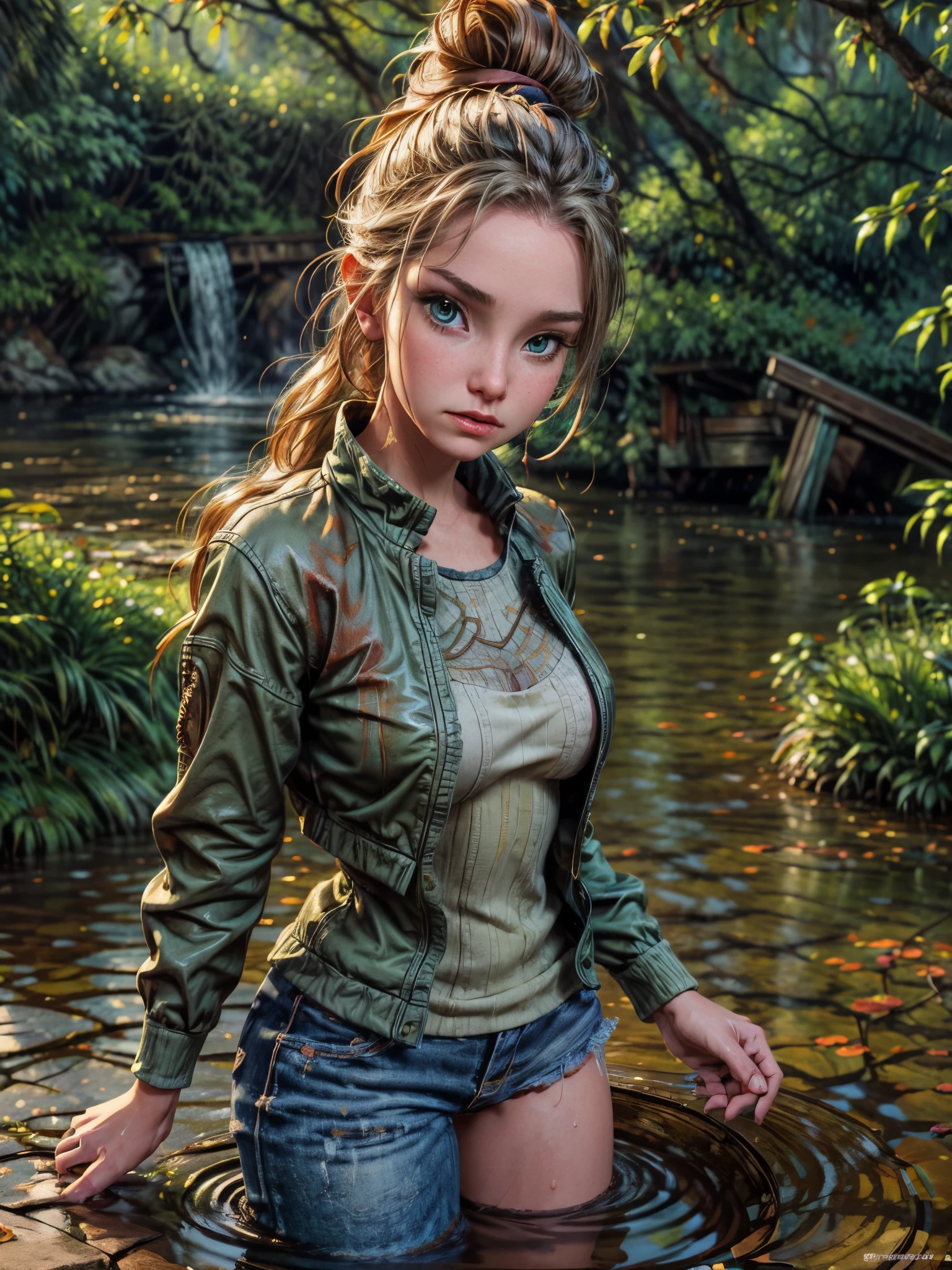 masterpiece, best quality, autumn outfit, colorful hair, outdoor,upper body, colorful autumnal clothes, ((fully clothed)), warm clothes, wet clothes, soaked, drenched, excited, wet hair, wet and slimy, water up to her chest, submerged, fantasy environment, fantasy chinese environment ,fantastical, vivid colors, varied poses, detailed green eyes, beautiful Asian girl, liz.ashley