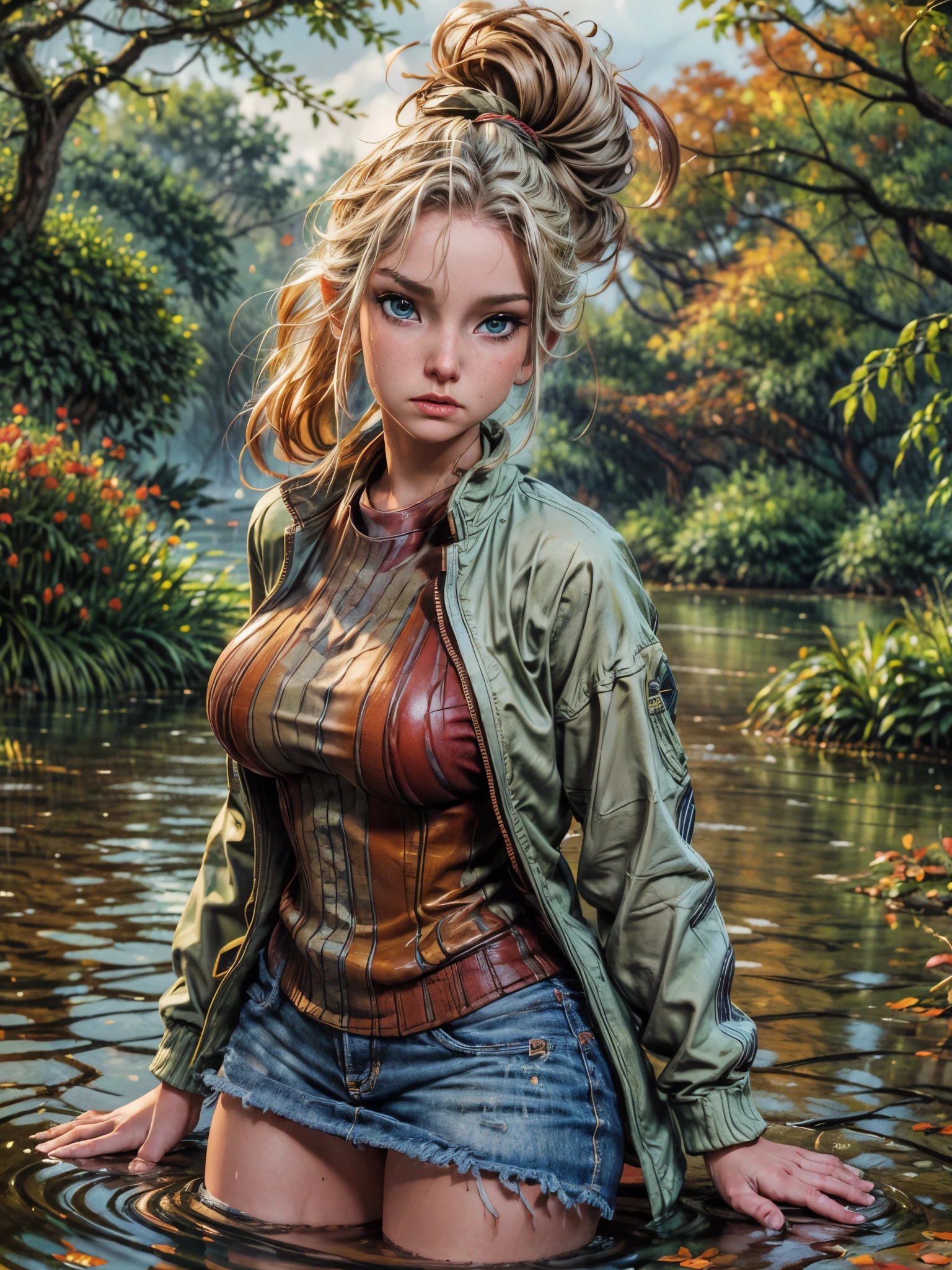 masterpiece, best quality, autumn outfit, colorful hair, outdoor,upper body, colorful autumnal clothes, ((fully clothed)), warm clothes, wet clothes, soaked, drenched, excited, wet hair, wet and slimy, water up to her chest, submerged, fantasy environment, fantasy chinese environment ,fantastical, vivid colors, varied poses, detailed green eyes, beautiful Asian girl, liz.ashley