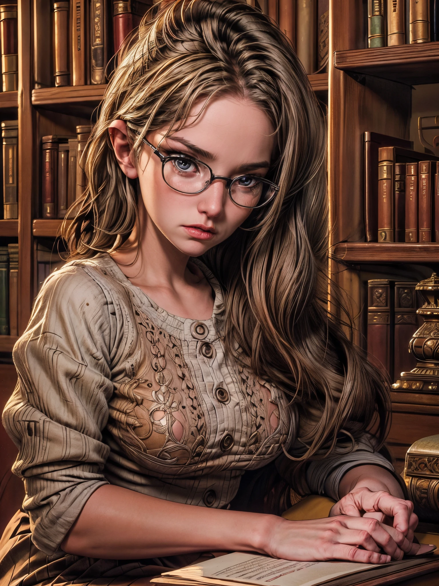 a person studying intently in a classic library, detailed portrait of a person sitting at a desk surrounded by bookshelves, deep focus, beautiful detailed eyes, beautiful detailed lips, extremely detailed face, long eyelashes, serious expression, wearing glasses, sitting upright, natural lighting, warm tones, intricate details, high quality, hyper realistic, photorealistic, masterpiece