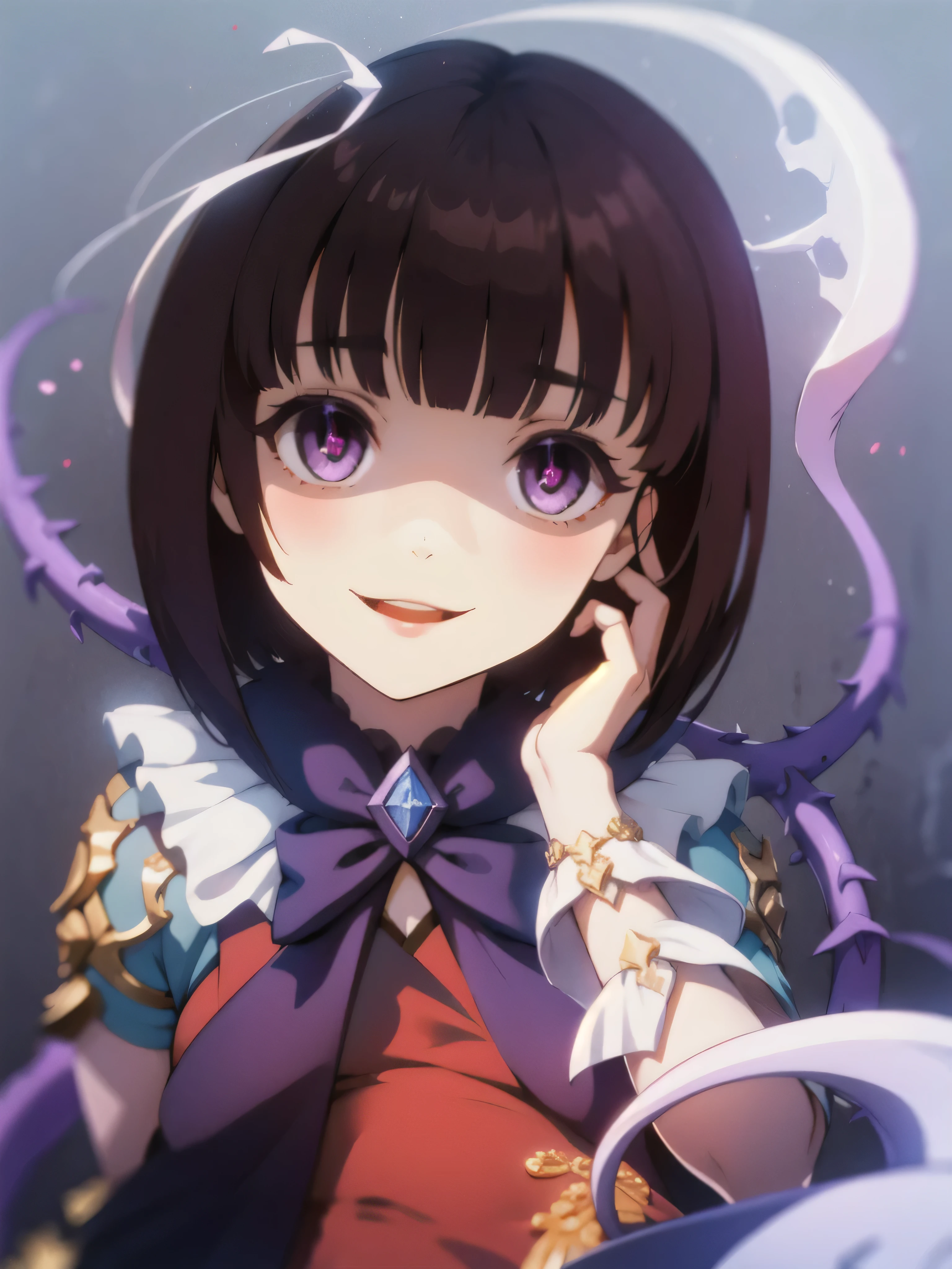 masterpiece, Highest quality, One girl, eric, Purple eyes, Brown Hair, Blunt bangs, Bobcut, Two honjiao, , bare shoulisers, Elbow hand pockets, Gauntlet, Reis Skirt, fur trim, View your viewers, :is, IncrsVGift Both, incoming gift, outisoors, evil smile,shaded  face(eyes in shadow),Nihonkaku。ghost