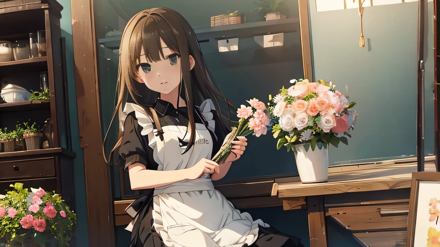 Shibuya Rin、Florist、Wearing an apron and dress、 sitting cross-legged、 dynamic angle、anime、 Max Image、Highest detail