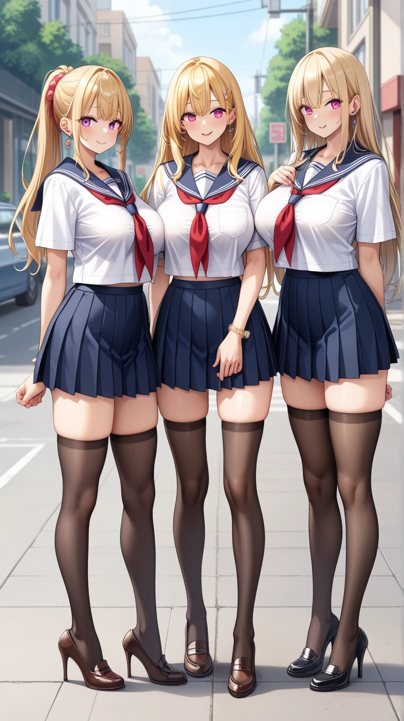 (Beautiful detailed eyes), (Beautiful detailed face), (ultra-detailed), (masterpiece), sweat, (blonde hair), (shag hairstyle:1.1), (3girls), (multiple girls), (standing:1.0), Cameltoe, (huge breasts), (underboob), (skinny thigh), (slim waist), (smile), (school uniform:1.4), (crop school uniform), (sleeveless:1.4), (xueshengzhuang:1.4), (microskirt:1.4), (black thighhighs), (school), (in class room:1.2), (open mouth), (tongue out:1.25), (midriff), (navel), (lace-trimmed panties), (black panties:1.2), (skirtlift:1.4), (bare shoulders:1.4),