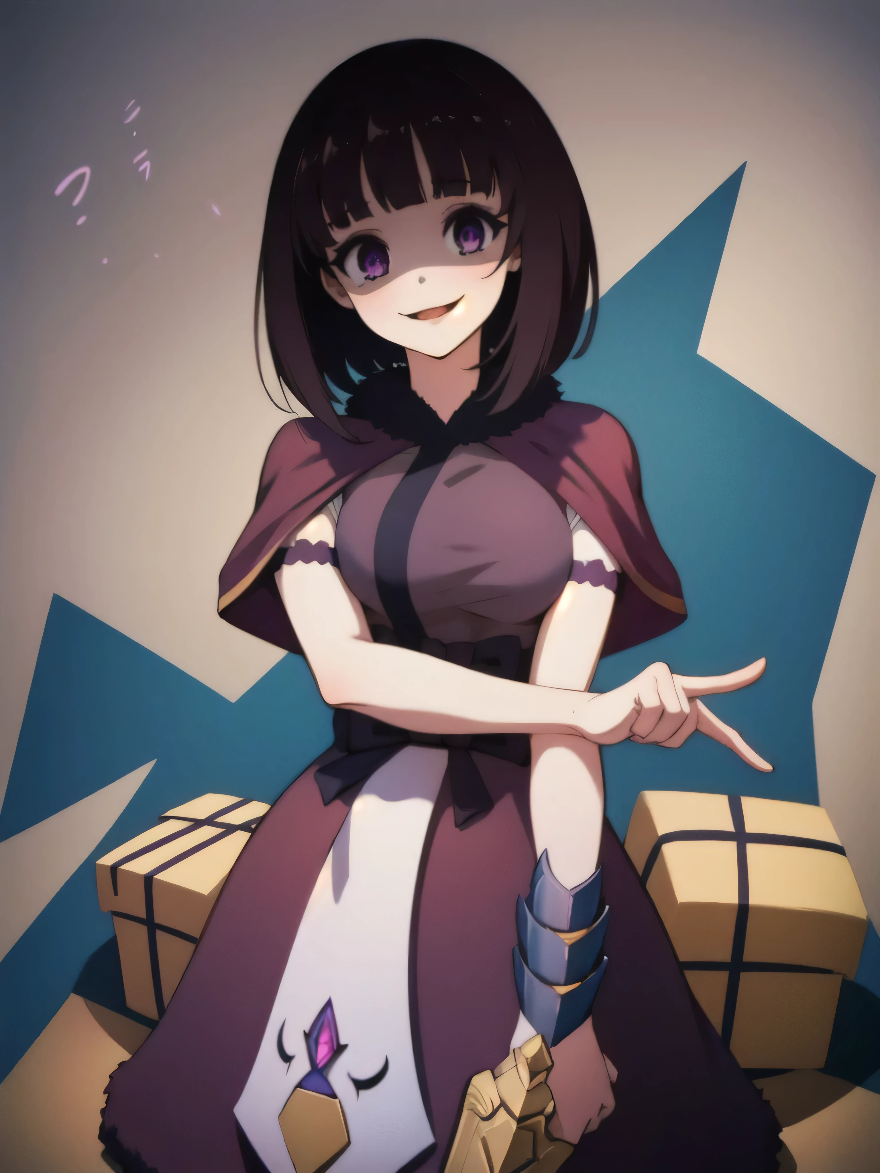 masterpiece, Highest quality, One girl, eric, Purple eyes, Brown Hair, Blunt bangs, Bobcut, Two honjiao, , bare shoulisers, Elbow hand pockets, Gauntlet, Reis Skirt, fur trim, View your viewers, :is, IncrsVGift Both, incoming gift, outisoors, evil smile,shaded  face(eyes in shadow),Nihonkaku。ghost