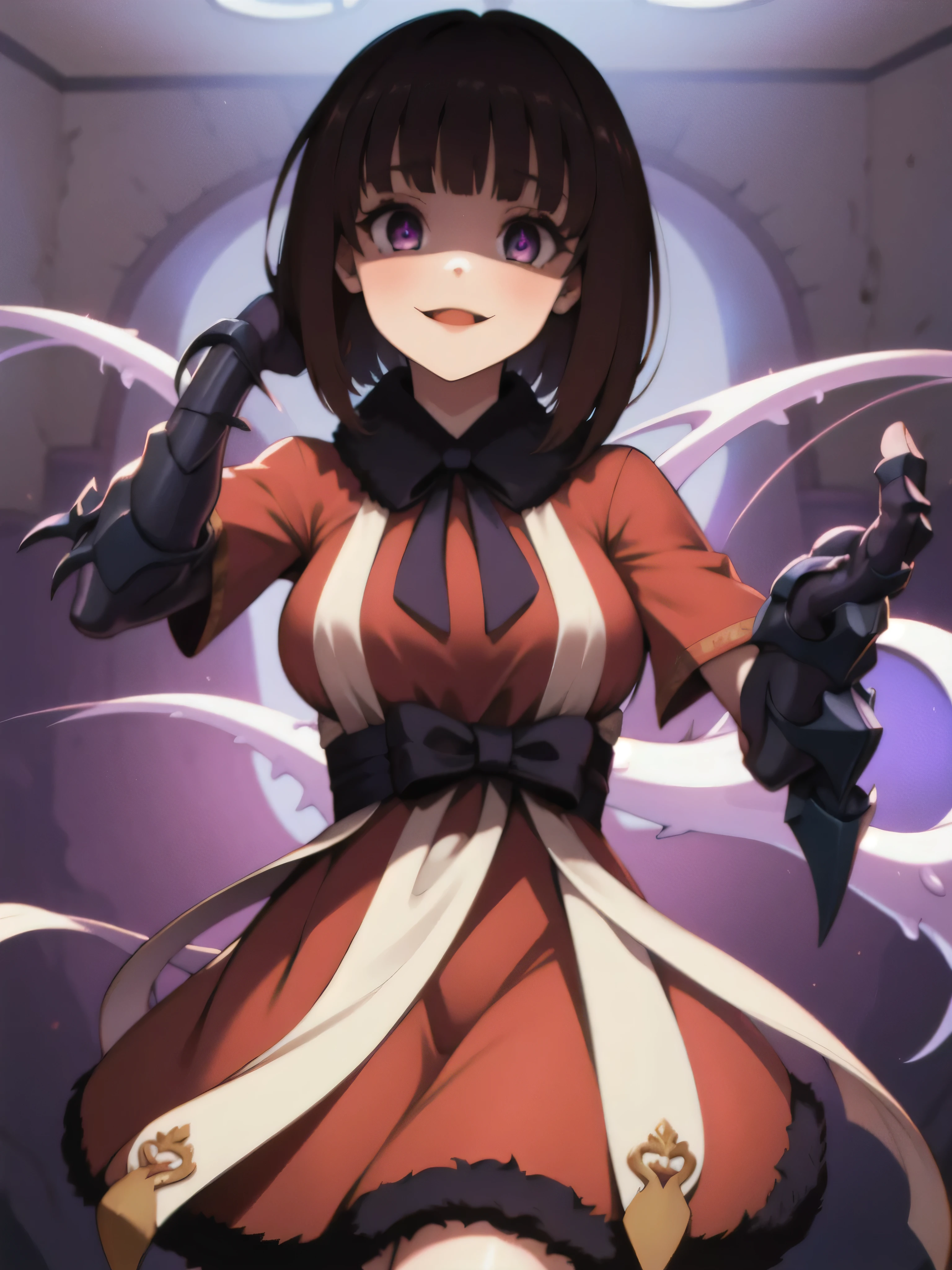 masterpiece, Highest quality, One girl, eric, Purple eyes, Brown Hair, Blunt bangs, Bobcut, Two honjiao, , bare shoulisers, Elbow hand pockets, Gauntlet, Reis Skirt, fur trim, View your viewers, :is, IncrsVGift Both, incoming gift, outisoors, evil smile,shaded  face(eyes in shadow),Nihonkaku。ghost