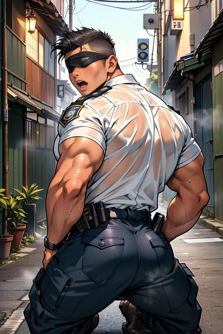 (nsfw), ((masterpiece)), ((best quality)), ((perfect anatomically)), ((high detailed)), 1 boy, 20 year old boy, cute , open mouth, ((slobber)), bulky body, sweat dripping down, (sweat: 1.2), (steam:1.2), bulge, huge butt, undercut hair, (((police officer))), (((wearing police uniform))), (long pants), (((blindfold))), japan, Iwatani Naofumi, (chubby:1.2), crowd, yellow short hair, sunburned dark skin, muscular bulky hunk 20 year-old male, at the dark backstreet behind, (at night), ((arms behind the back)), pornographic pose, (kneeling), looking back, (Angle from behind:1,6),