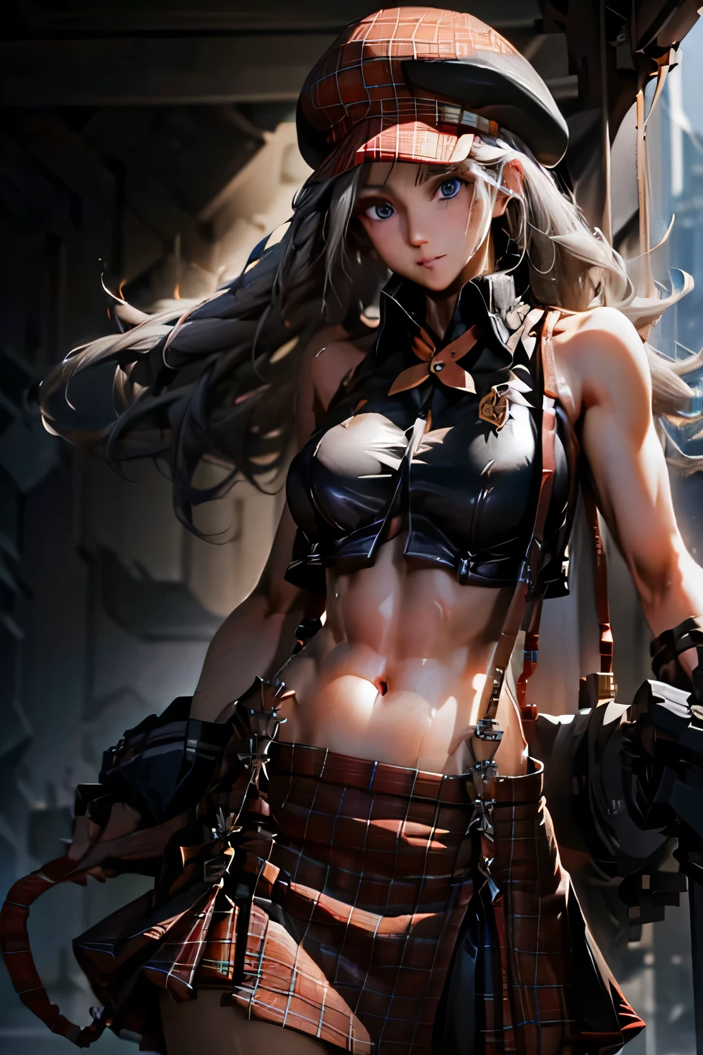  perfect anatomy 　 best quality, highest resolution,((( shiny costume　 red hat 　red shiny plaid skirt　 suspenders　 Silver Hair　Dark blue eyes　sweat　 out of your belly button)))　God Eater　Alisa Ilinichna Amiella