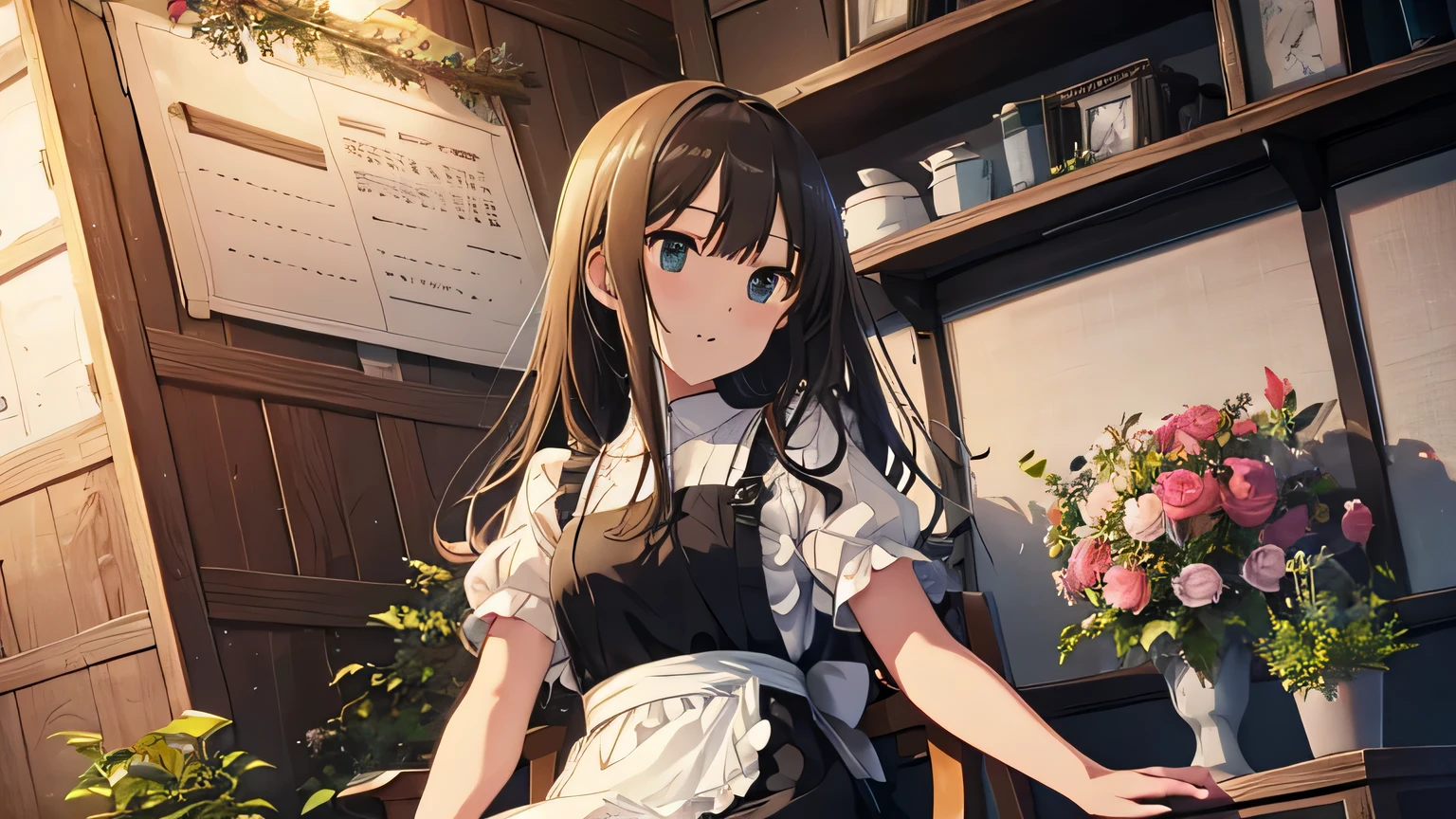 Shibuya Rin、Beautiful eyes、Florist、Wearing an apron and dress、 sitting cross-legged、 dynamic angle、anime、 Max Image、Highest detail