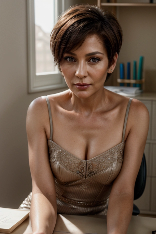 Best quality photo quality 8K,| 55 year old, sexy year old woman,Iranian, black bobcut hair, Sweater with a large neckline breast neckline sexy, stylish,wide_angle, shocked expression, wearing a small key on a necklace, (huge breasts:1.4), ((full body view)), wide hips, thong, large cleavage, ((age 55), mature, old