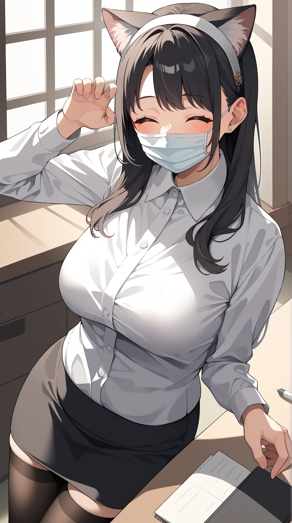 Anime-style character, score_9, score_8_up, score_7_up, source_anime, Adult, mature woman, 24 year old, anime girl wearing a cat kitten ears headband, Shirt (long sleeve, white color, Formal:1.3), pencil skirt (format skirt, black stockings, Black skirt:1.3), anime girl with cute face, happy expression, joyful, blush, calm, wearing white surgical mask, wholesome look, paw pose, (perfect anatomy, perfect proportions, perfect figure:1.3), (closed eyes, long hair, black hair, straight hair, lob haircut), curvy body, thick, medium breast, (Shoulder Level Shot, Looking at viewer, upper body, from above, zoom out), (background: Japanese hotel bedroom). 