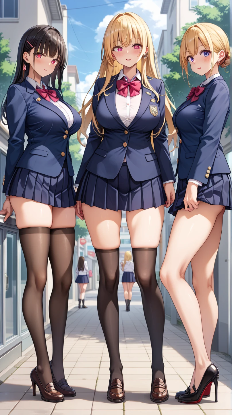 ((highest quality)), ((masterpiece)), (High resolution), 8K, best shadow, The best natural light, cinematic, (Four adult women walking up the stairs:1.4), (brown hair,)、Looking back, bashful、blazer、navy check skirt、(dark blue socks)、((Rear view))、Angle from the rear, dark blue socksにクローズアップ、Manga panel layout、cartoon style、Manga Design、station stairs, (Skirts that turn over in strong winds:1.4), Stylish white satin panties, slender body,beautiful thighs, embarrassed expression,NSFW,cum in panties