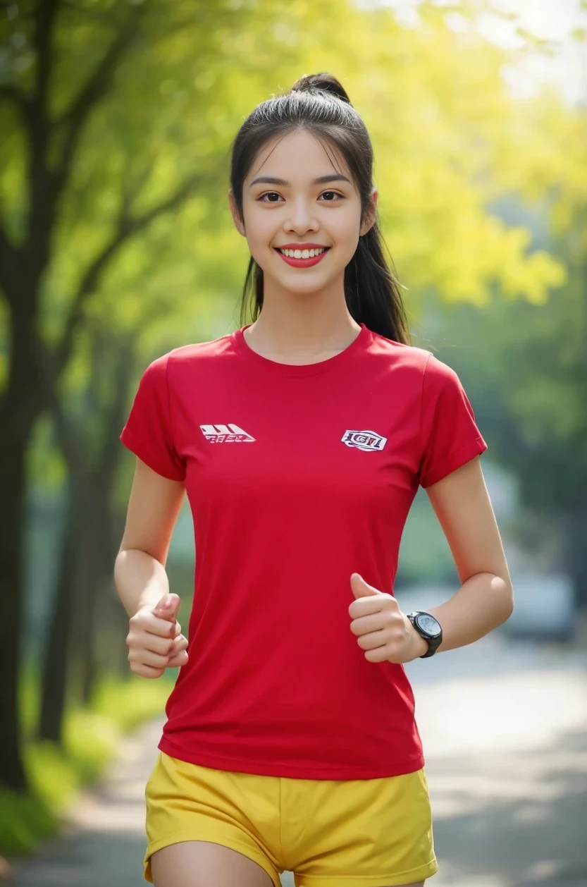 Best-quality, Masterpiece, Ultra-High-Resolution, (Photorealistic:1.4), Raw-Photo, Extremely-Details, Perfect-Anatomy, 1girl, 18-years-old, the most famous Japanese idol, running at EKIDEN, wearing only colorfu-track-and-field's-uniform with cute-design, innocent smile, extremely cute face like a most popular Japanese idol, extremely beautiful big-black-solid-circle-eyes, extremely beautiful black-short-cut-haired, extremely beautiful skinny-body, extremely beautiful thighs, detailed EKIDEN, detailed colorful-track-and-field's-uniform-with-cute-design