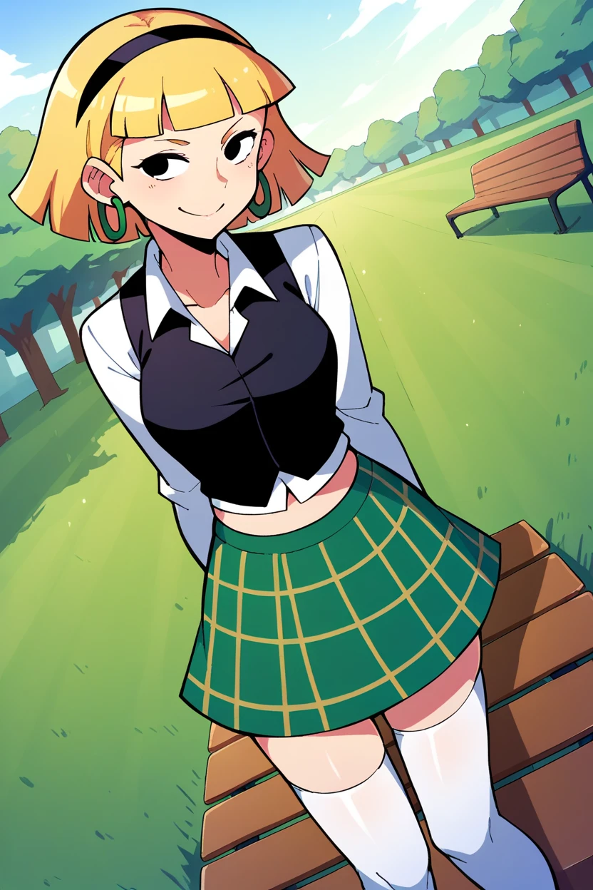 score_9_up,score_8_up,score_7_up,score_6_up,score_5_up,score_4_up BREAK olga pataki,1girl,solo,blonde hair,black eyes,short hair,blunt bangs,hand on own hip, arm behind back, contrapposto,white collared shirt, black vest, green plaid skirt,white thighhighs,black headband,hoop earrings,long sleeves, park,grass,standing, bench,smile,midriff, dutch angle, 