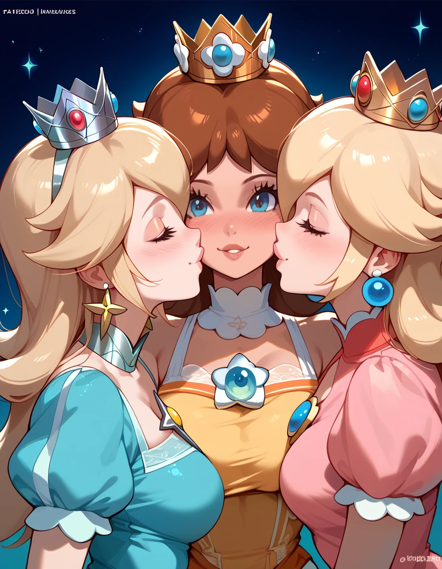 masterpiece, high definition , best quality,8k,
((Three Women)),
(princess peach),
(princess rosalina), (Princess Daisy),
kissing, smile,