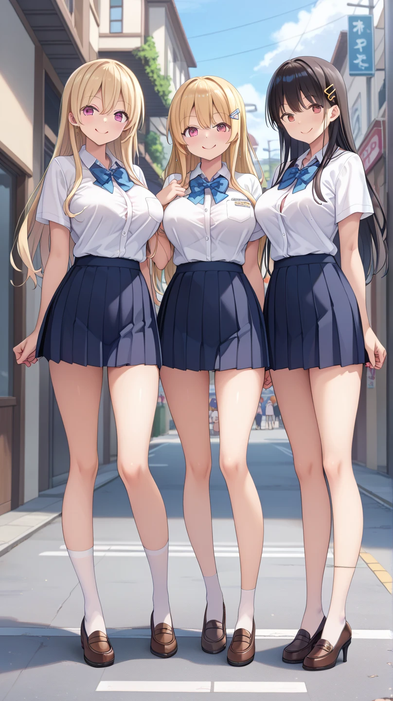   score_9,   score_8_up,    score_7_up,   score_6_up,   score_5_up,   score_4_up,    source_Anime, tag1,    tag2,   最  High Quality     ,    High Quality   ,   Details,     kampala ,wicked smile,  pleated skirt,   (( Three girls with lowered eyes :1.3)), (  Neon Street), (Tall model figure  ),   Full Body Photos  、(   wide thighs  ,   very long legs  ), High heels on the ground, Around town,   beautiful face,    beautiful skin  ,   Around townを背景にした超高解像度 , 非常に  Detailsな, Golden Ratio, cute,    pleated micro mini skirt evenly arranged on both sides , (  white stockings )、high heel loafers, Thin arms, (Big Breasts)、