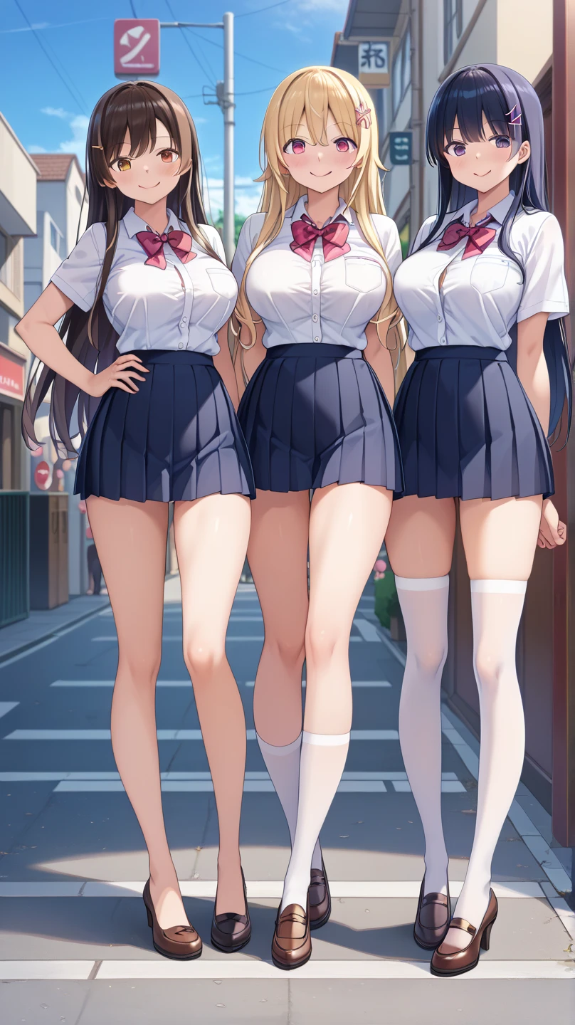   score_9,   score_8_up,    score_7_up,   score_6_up,   score_5_up,   score_4_up,    source_Anime, tag1,    tag2,   最  High Quality     ,    High Quality   ,   Details,     kampala ,wicked smile,  pleated skirt,   (( Three girls with lowered eyes :1.3)), (  Neon Street), (Tall model figure  ),   Full Body Photos  、(   wide thighs  ,   very long legs  ), High heels on the ground, Around town,   beautiful face,    beautiful skin  ,   Around townを背景にした超高解像度 , 非常に  Detailsな, Golden Ratio, cute,    pleated micro mini skirt evenly arranged on both sides , (  white stockings )、high heel loafers, Thin arms, (Big Breasts)、