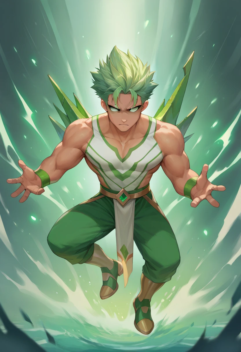 score_9, score_8_up, score_7_up, BREAK  ict style, 1boy,legendary super sayian , muscular male, spiked hair, green hair, green eyes, no pupils, full body wearing broly clothes,tan skilled 