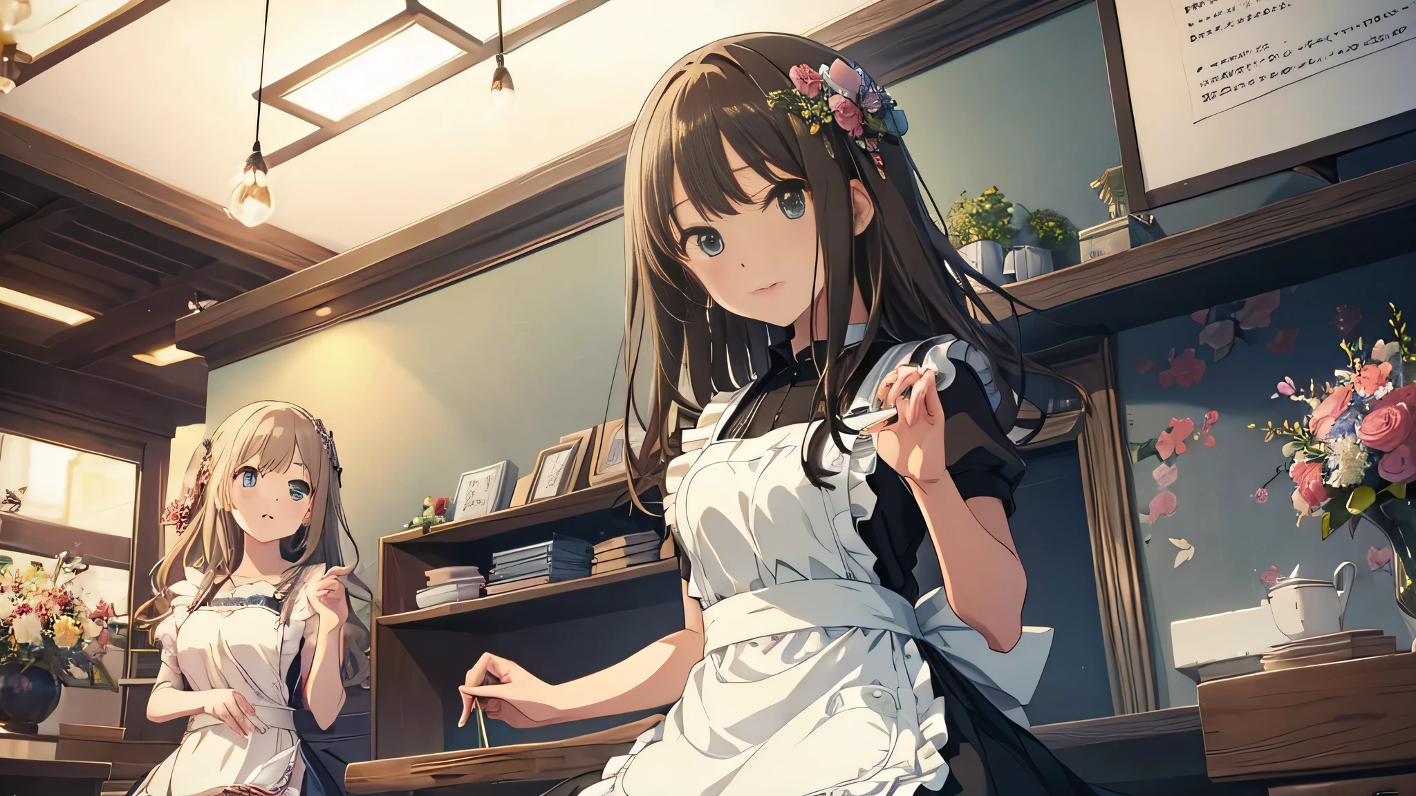 Shibuya Rin、Beautiful eyes、Florist、Wearing an apron and dress、 sitting cross-legged、 dynamic angle、anime、 Max Image、Highest detail