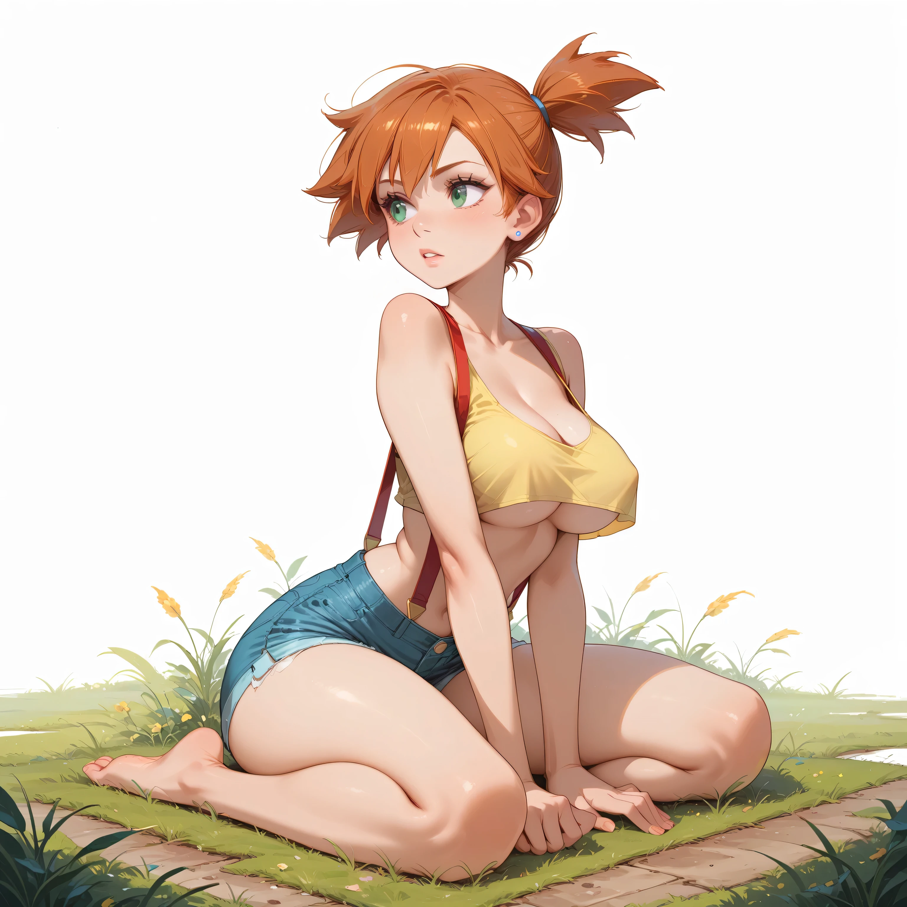 score_9, score_8_up, score_7_up, 1girl, (full body:1.2), (solo), 

misty_(pokemon), pokemon, 1girl, orange_hair, green_eyes, big breasts, looking at her breasts

yellow_crop_top, red_suspenders, denim_shorts, barefoot

sitting in a dominant pose, shirt pull, sexy dominant pose, looking away, grass, dirt floor

simple background