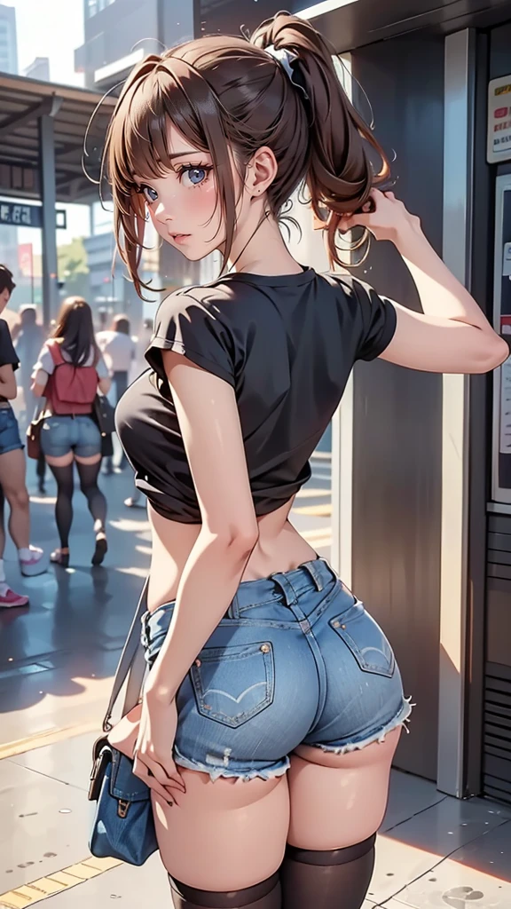 Cowboy Shot, a girls with their tops up and shorts down at the subway station, 1girl, shorts, high heels, denim, bag, ass, denim shorts, black shirt, from behind, thighhighs, shirt