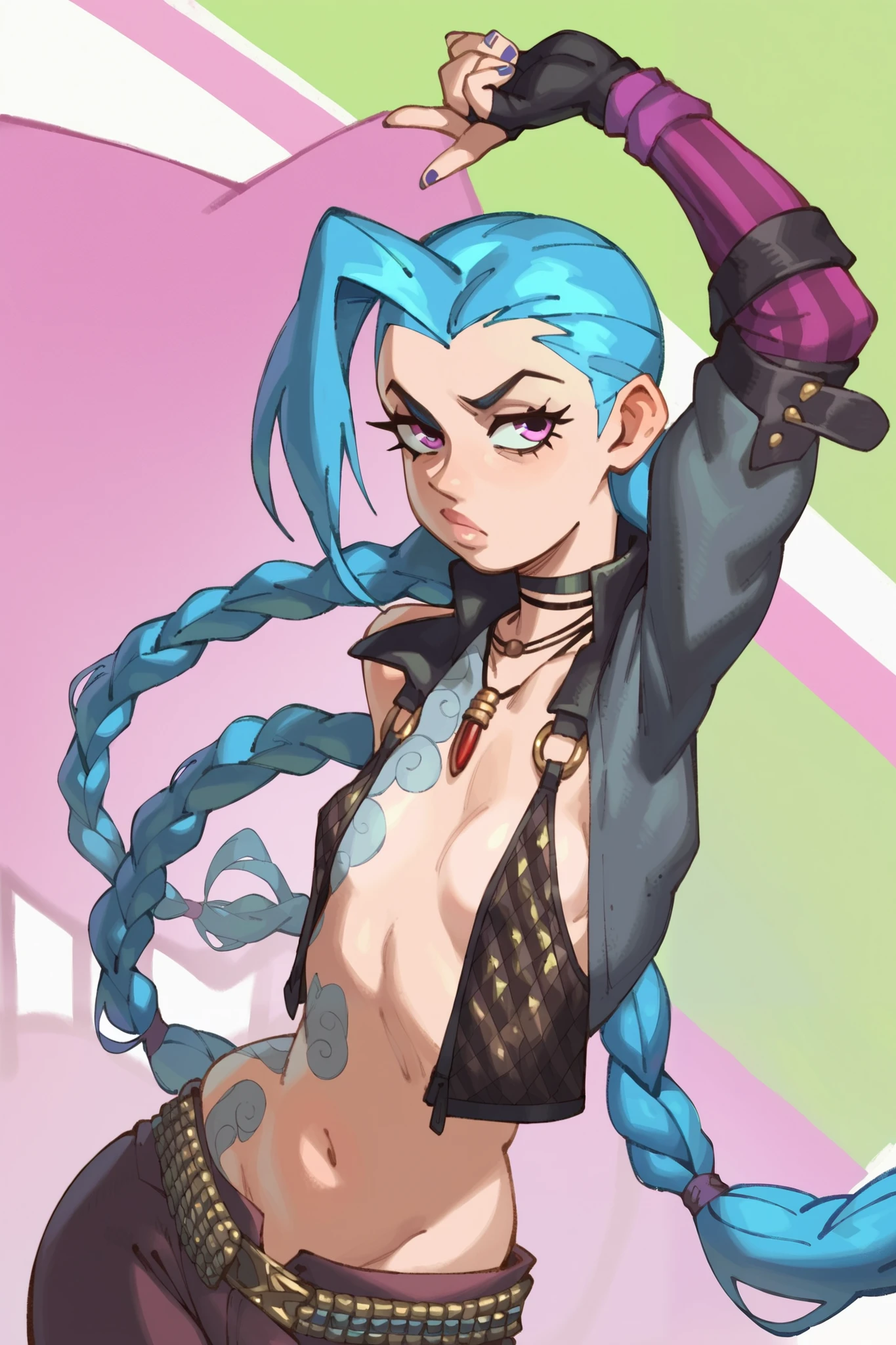 (Character design) One girl, Jinx, detailed face, beautiful face, small breasts, serious face