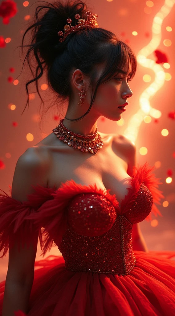 1girl’s movie photos,Side note,forward light,Blurred and black background,gigantic cleavage breasts,
Cinematic_lamplight,Be red in the face,cowboys_shooting,NSFW,perspiring,Get wet,Riman,Inside one 1,Place your hands behind your waist,straighten your chest,between_nedium breasts,small dark stage,being watered,holograph,Holographic fabric,crystal,soup flavor,Feathers falling from water,, 35 mm photo, cinematic ligh, bokeh, professional, 4K, The is very detailed