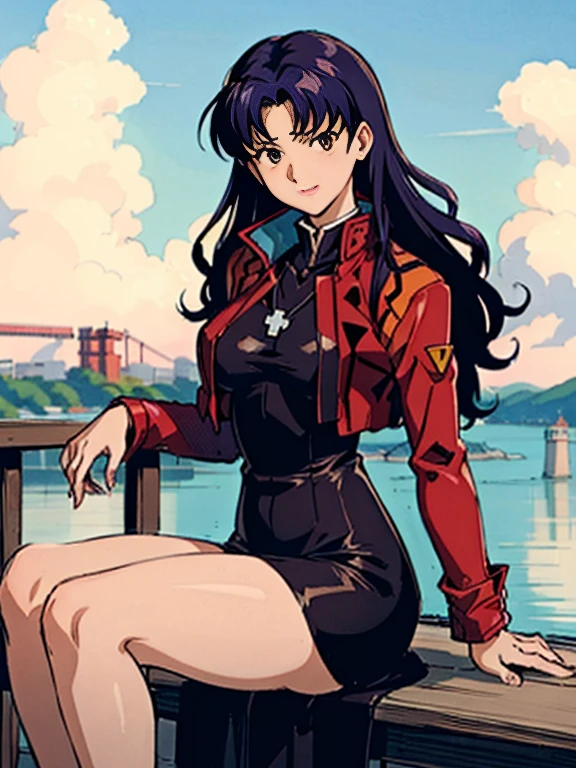 nsfw,(masutepiece),(Best Quality), Katsuragi Misato, see-through black dress,、 Brown eyes, Cross Necklace, High Collar Dresses, Red jacket, on a bridge, Close, Outside, The Distant Japan Castle, lake, Persistent stare, Sharp eyes, Spread your legs apart、sexy langeries, tease