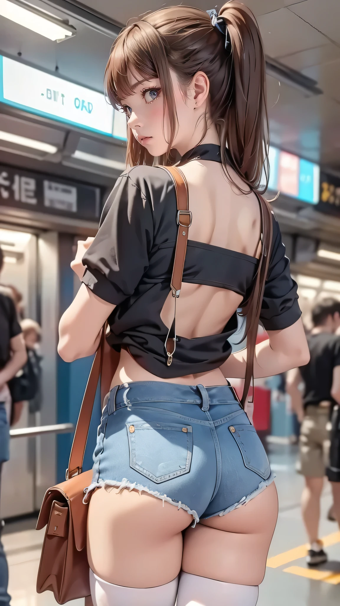 denim pant，subway station，（Inspired by the Avengers），Yellow hair，Tied ponytail，One-piece unisex trousers，machine girl，Security level，big assa，（8K，photo RAW，Fotorrealista：1，25），（Excessive lip gloss，Very many eyelashes，best qualityer，超高分辨率，depth of fields，color difference，Wide light，natural color，Distant pictures（1：2）