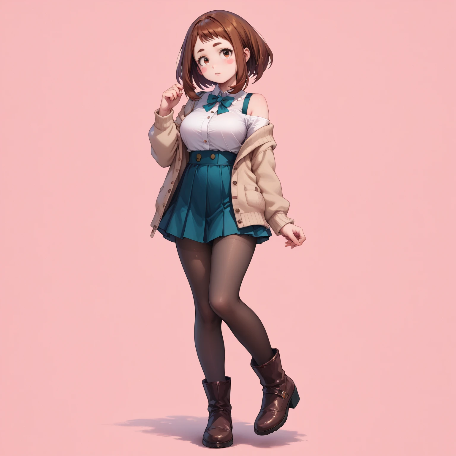 score_9, score_8_up, score_7_up, score_6_up, score_5_up, score_4_up, source_anime, hyper_realistic illustration, (solo), (full_body_shot:1.2), (full body)

ochako uraraka, brown eyes, brown hair, short hair, blush, blush stickers,solo focus, big breasts, bangs,blush

off-shoulder cardigan, underwear,pantyhose, black boots

dominant pose, seductive pose,



simple pink background
