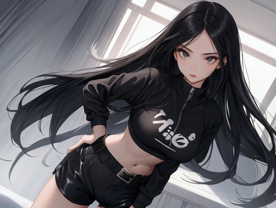 Girl with long black hair, one solid black eye with white vertically slit pupil and one solid white eye with black vertically slit pupil, elf ears