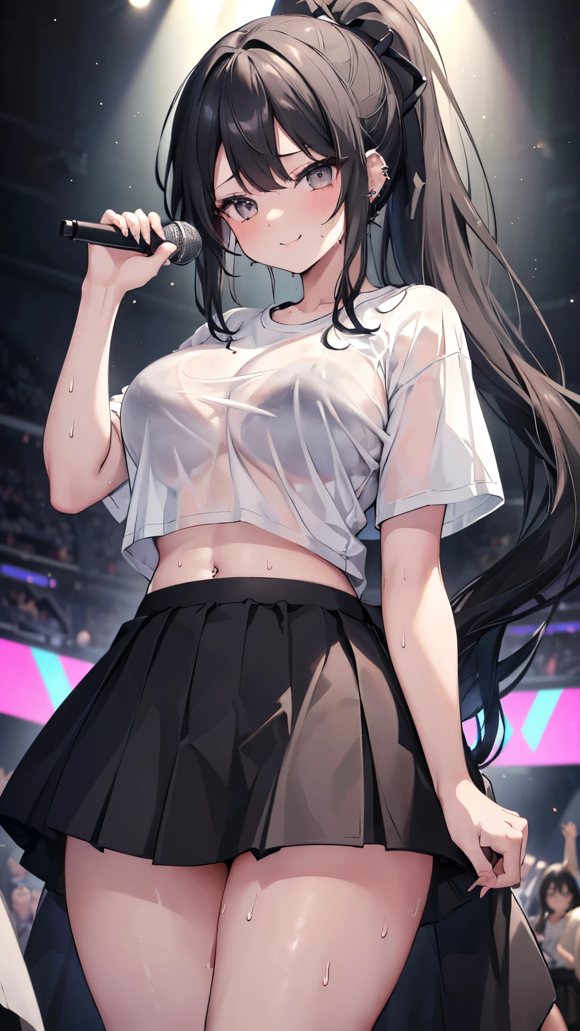((masterpiece、 best quality、 Very detailed))、 one girl、 black hair、 Long Hair、ponytail、 gray eyes、evil smile、((lots of piercing))、(( Big Breasts ))、(( white t-shirt ))、bra visible through clothes、belly button、((black letter skirt))、((micro miniskirt))、 cowboy shot、(( thick thighs ))、 having a microphone、((sweat))、Stage Background