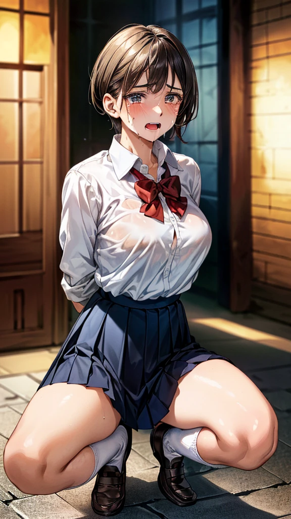 Misaka Mikoto.、Beautiful woman、Blazer uniform、Very short pleated skirt、Very thick thighs、Photo session、Acme Face、Best image quality、High resolution、masterpiece、super high quality、Thick pubic hair、Screaming orgasm face、Striped panties、Striped bra、Very big ass、Very large breasts 、Blushing、4K quality、Blushing、Cry of ecstasy、Wearing black knee socks、Sweaty all over、Heavy breathing、Cowboy Shot、Shaking breasts、上下にShaking breasts、Penis sheath、Cowboy Shot、Have sex with a man、Multiple menに囲まれている、Multiple men、{highest quality}, {so beautiful}, {Very detailed}, {Best illustrations}, Browsing Caution, girl, Blowjob, penis