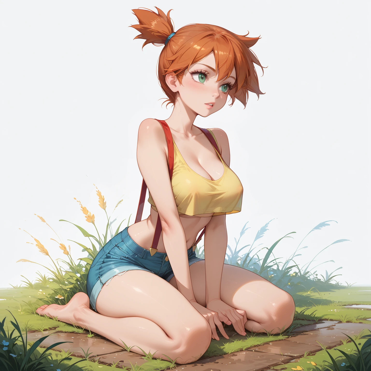 score_9, score_8_up, score_7_up, 1girl, (full body:1.2), (solo), 

misty_(pokemon), pokemon, 1girl, orange_hair, green_eyes, big breasts, looking at her breasts

yellow_crop_top, red_suspenders, denim_shorts, barefoot

sitting in a dominant pose, shirt pull, sexy dominant pose, looking away, grass, dirt floor

simple background