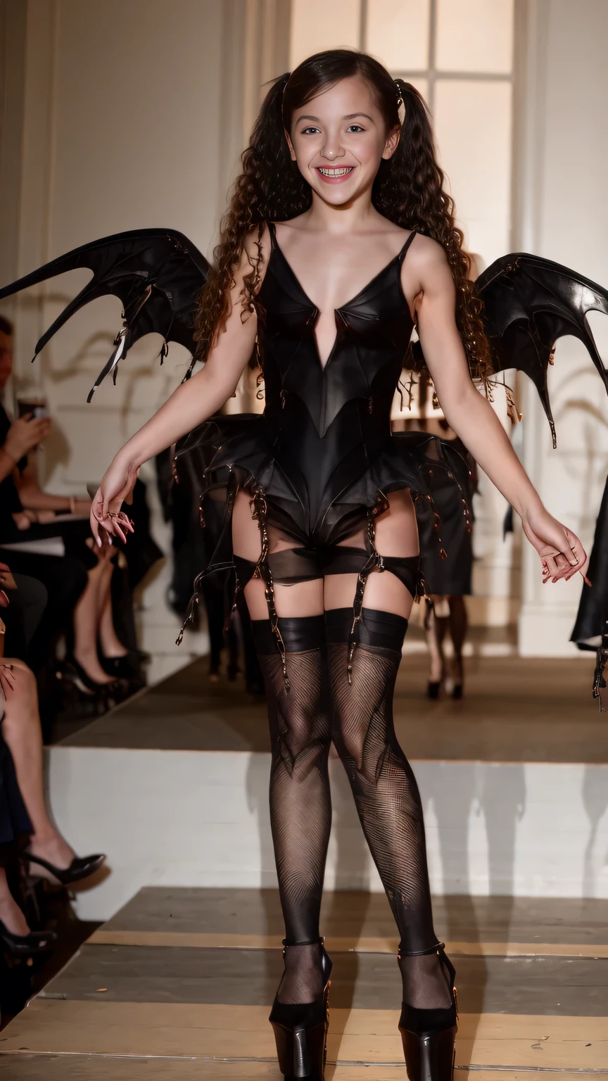 old petite , e, long curly hair, gothic black hair, pigtail, standing, pussy, platform high heels, at fashion show, smiling, stunning, awful, attractive, pantyhose, Bondage, black angel wings
