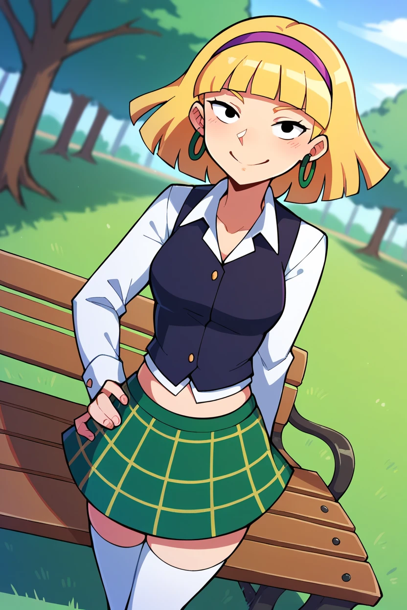 score_9_up,score_8_up,score_7_up,score_6_up,score_5_up,score_4_up BREAK olga pataki,1girl,solo,blonde hair,black eyes,short hair,blunt bangs,hand on own hip, arm behind back, contrapposto, dark blue collared shirt, black vest, green plaid skirt,white thighhighs, violet headband,hoop earrings,long sleeves, park,grass,standing, bench,smile,midriff, dutch angle, 