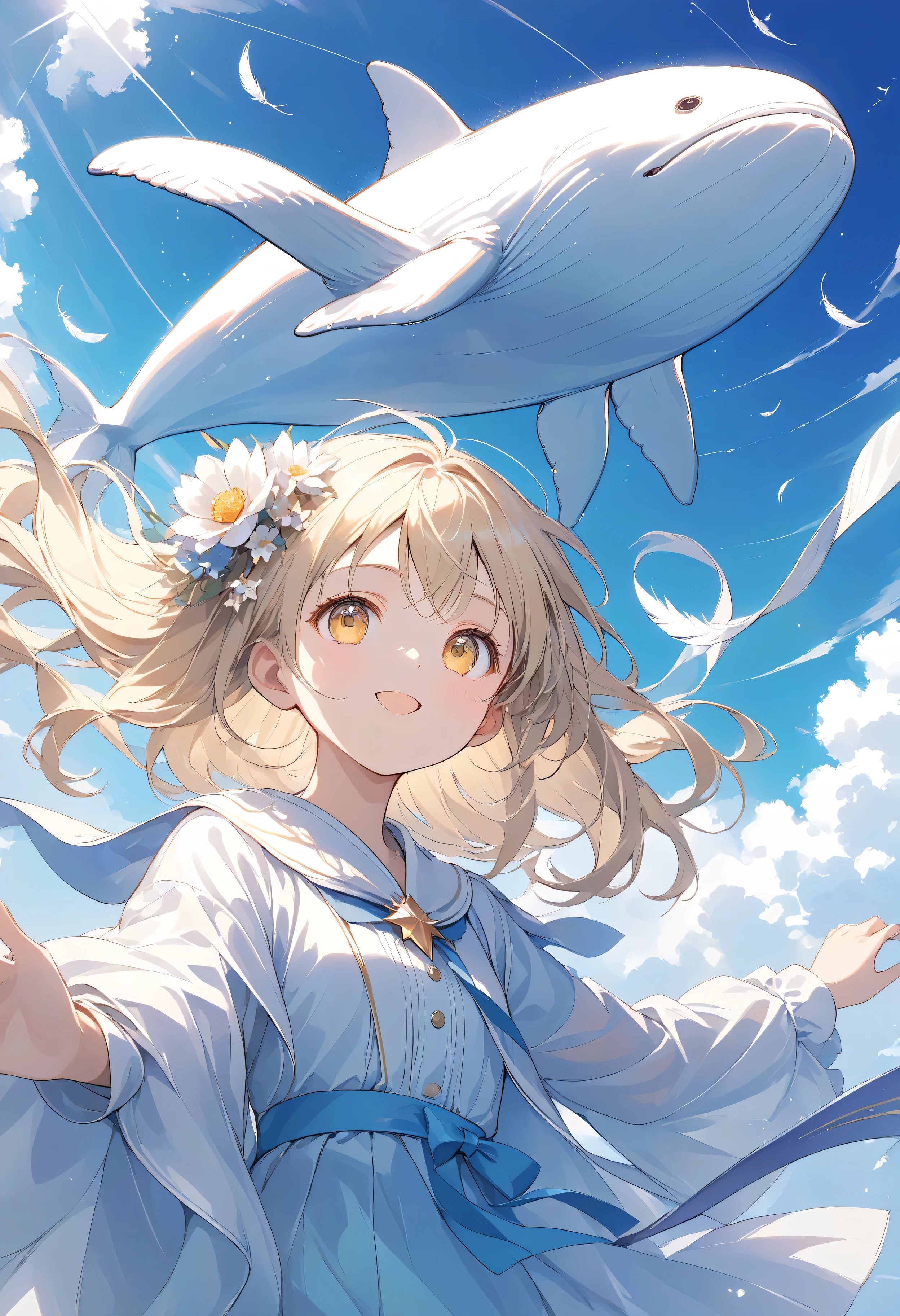 Masterpiece , high quality, high resolution, 16k, Makoto Shinkai Illustration, detailed background, hyperrealistic, digital painting, one ite girl, full body, small breasts, beautiful face, long eyelashes, fair skin, golden eyes, stars in eyes, big eyes, shiny blond twin-tail hair, beautiful hair, beautiful skin beautiful legs, floral hairpiece, magical girl, wand, white from wand light, wand raised, shoulders bare, in transparent wizard robes, skirt fluttering in the wind, shiny feathers on back, looking up at sky, white whale, happy expression, beautiful garden, pretty flowers, pretty sky, spirit of the wind, dynamic angle, angle from below