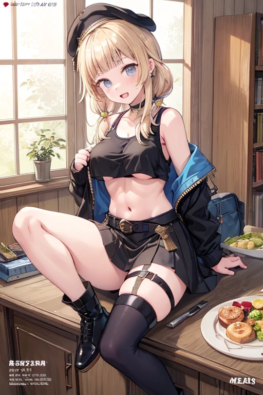 (masterpiece:1.2), (Military uniform magazine cover:1.4),best quality,PIXIV,Sweet girl , sexy posture,1girl, (perky chest:1.2), rolling upskirt by wind:1.6, (with sparkling eyes and a contagious smile),open mouth, (pointed chest:1.2),fishnets, black hair, boots, long hair, black nails, skirt, shirt, black footwear, bag, black skirt, jewelry, jacket,  thigh strap, bangs, necktie, earrings, nail polish, multicolored hair, looking at viewer, full body, bottle, own hands together, belt, jacket on shoulders, food, cats on head, ring, choker, english text, collared shirt, blue eyes, hat, lace-up boots ,masterpiece、highest quality、Very detailed、An illustration、Beautiful fine details、One Girl、cute、Detailed landscape、Training Room Background:1.4、Platinum Blonde Hair、Braided Ponytail、Red camisole、((c cup breasts, Tank top showing underboob:1.4))
